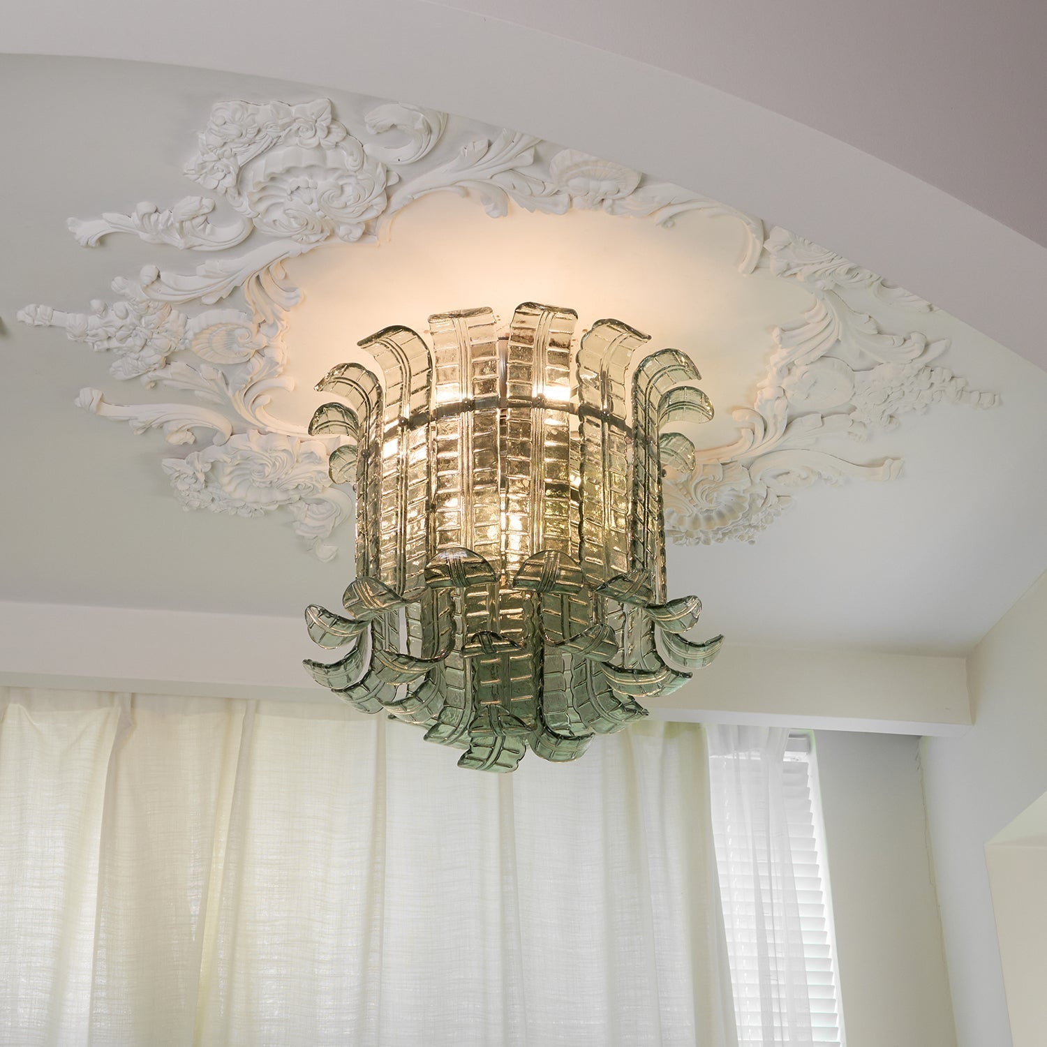 Green Hand Crafted Murano Glass Flower Petal Flush Mount Ceiling Light 20 Inch
