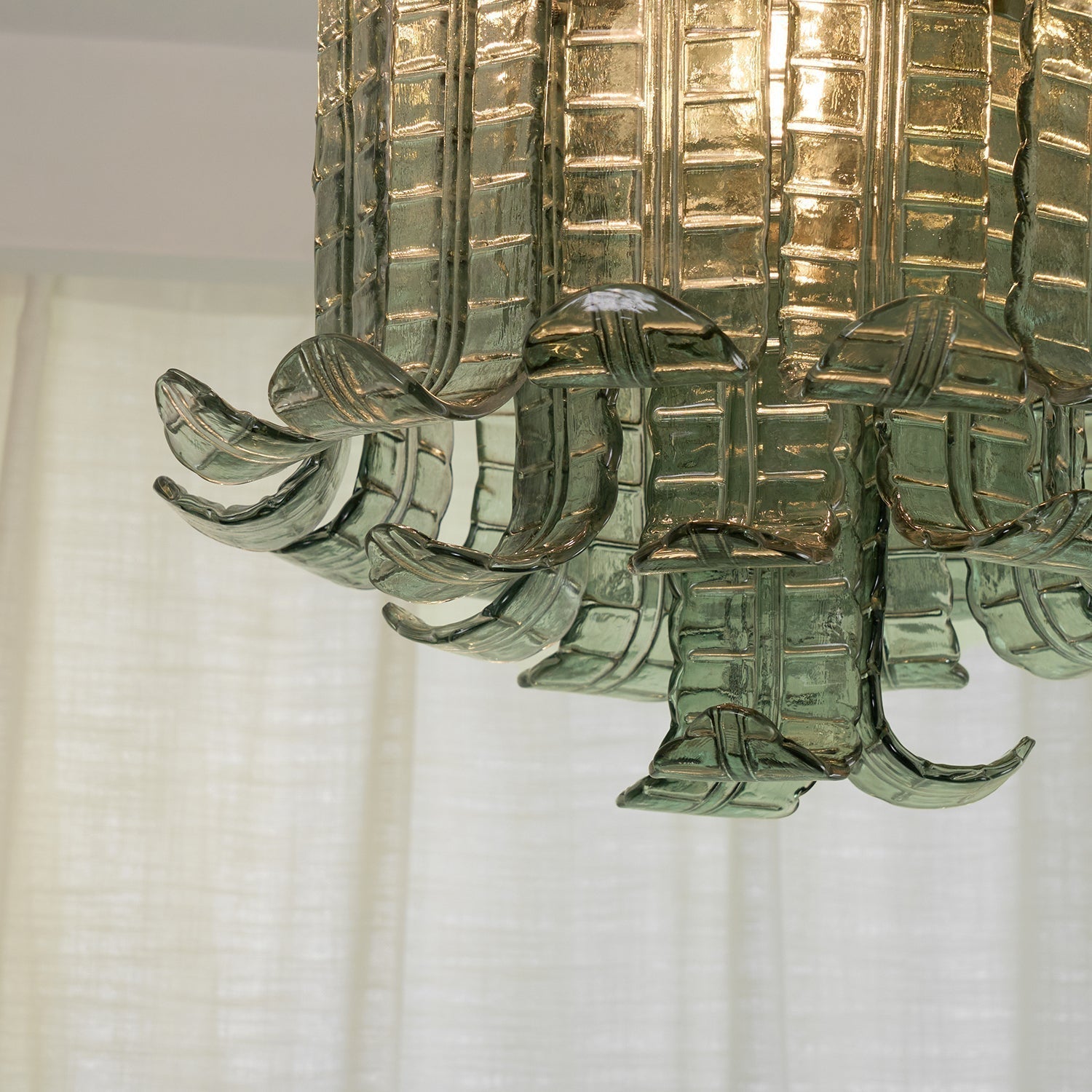Green Hand Crafted Murano Glass Flower Petal Flush Mount Ceiling Light 20 Inch
