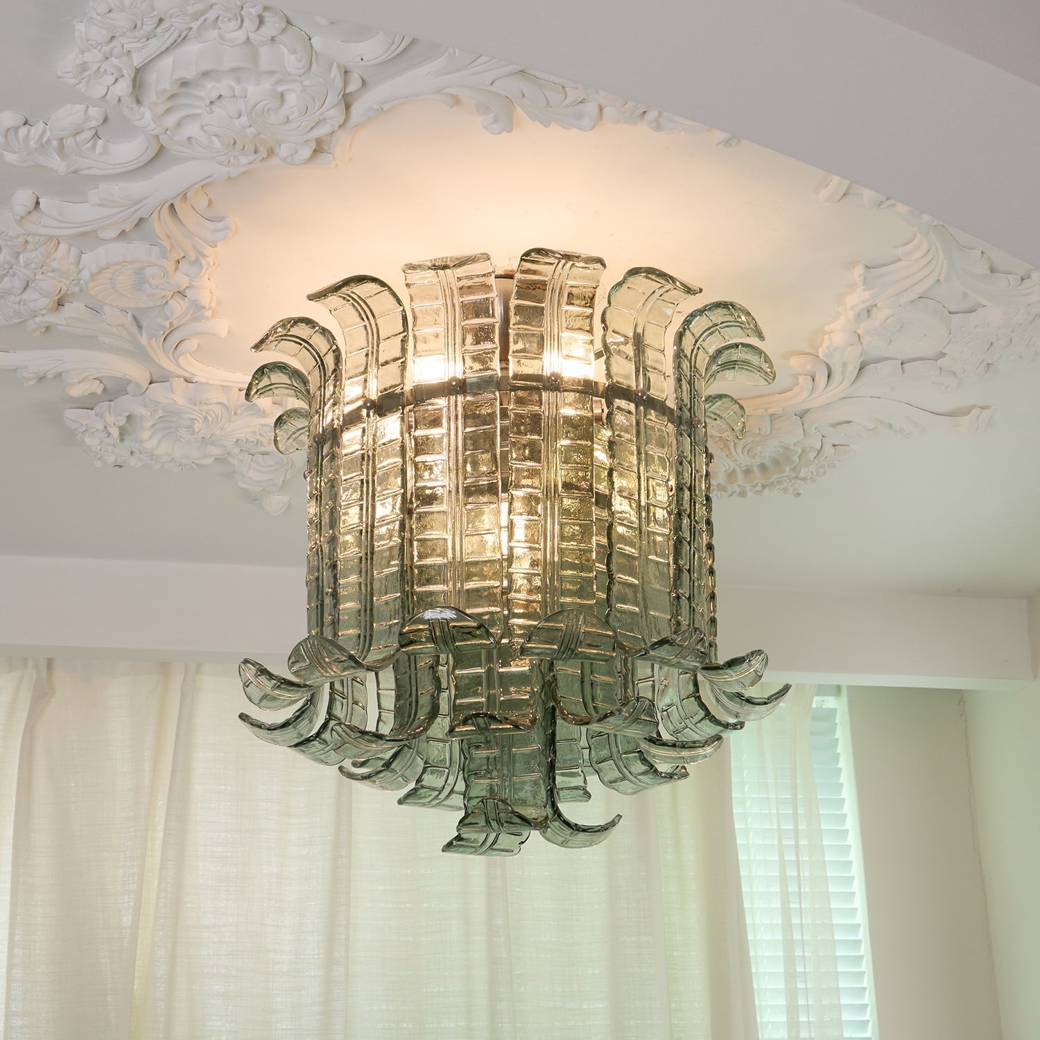 Green Hand Crafted Murano Glass Flower Petal Flush Mount Ceiling Light 20 Inch