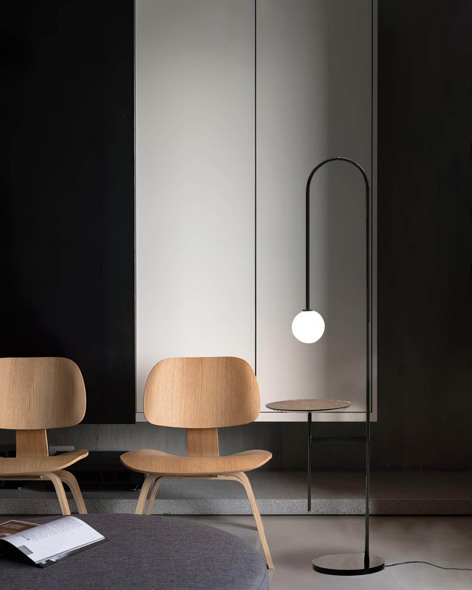 Vanni Contemporary Floor Lamp with Integrated Side Table and White Glass Globe Shade