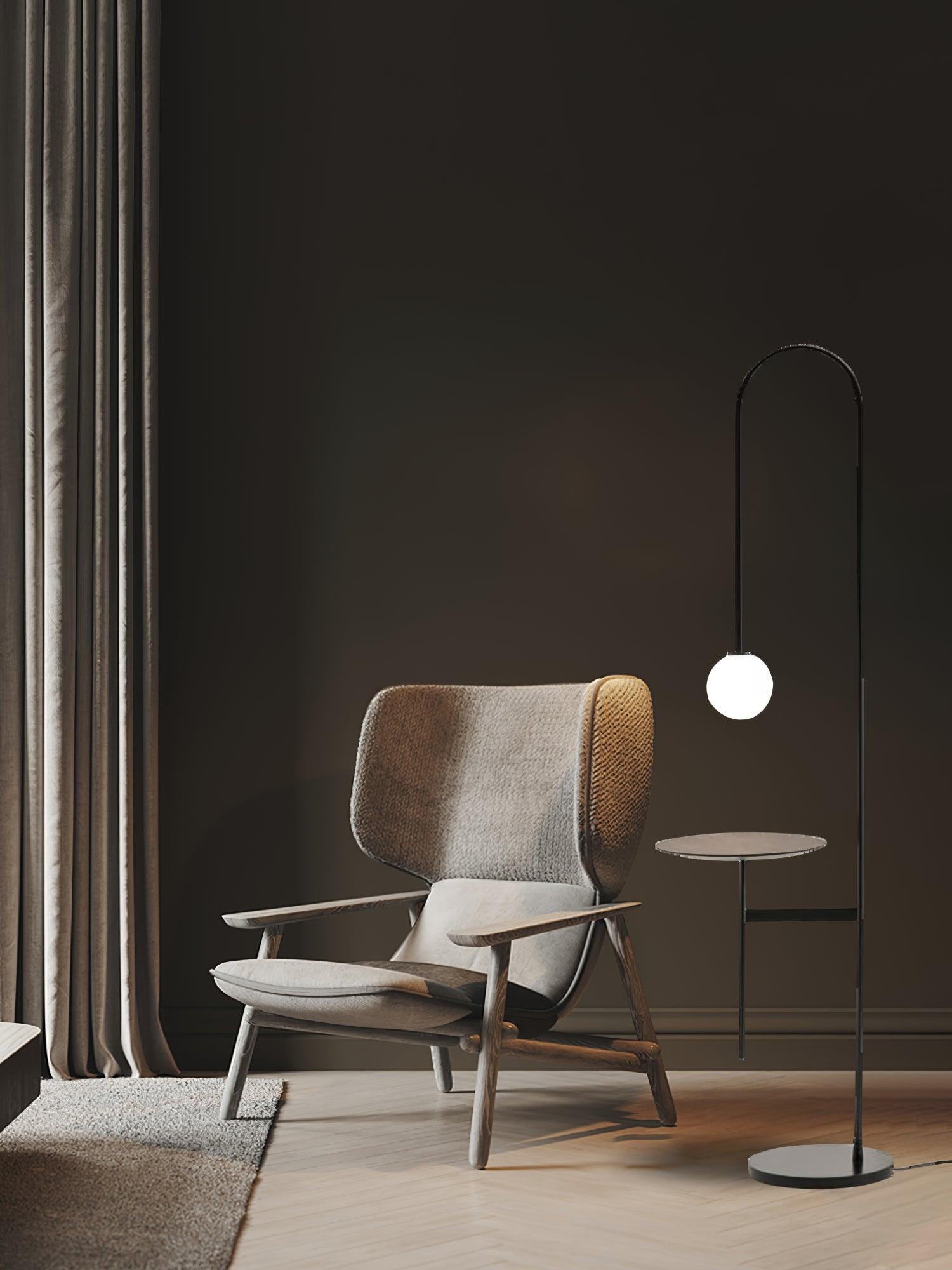 Vanni Contemporary Floor Lamp with Integrated Side Table and White Glass Globe Shade