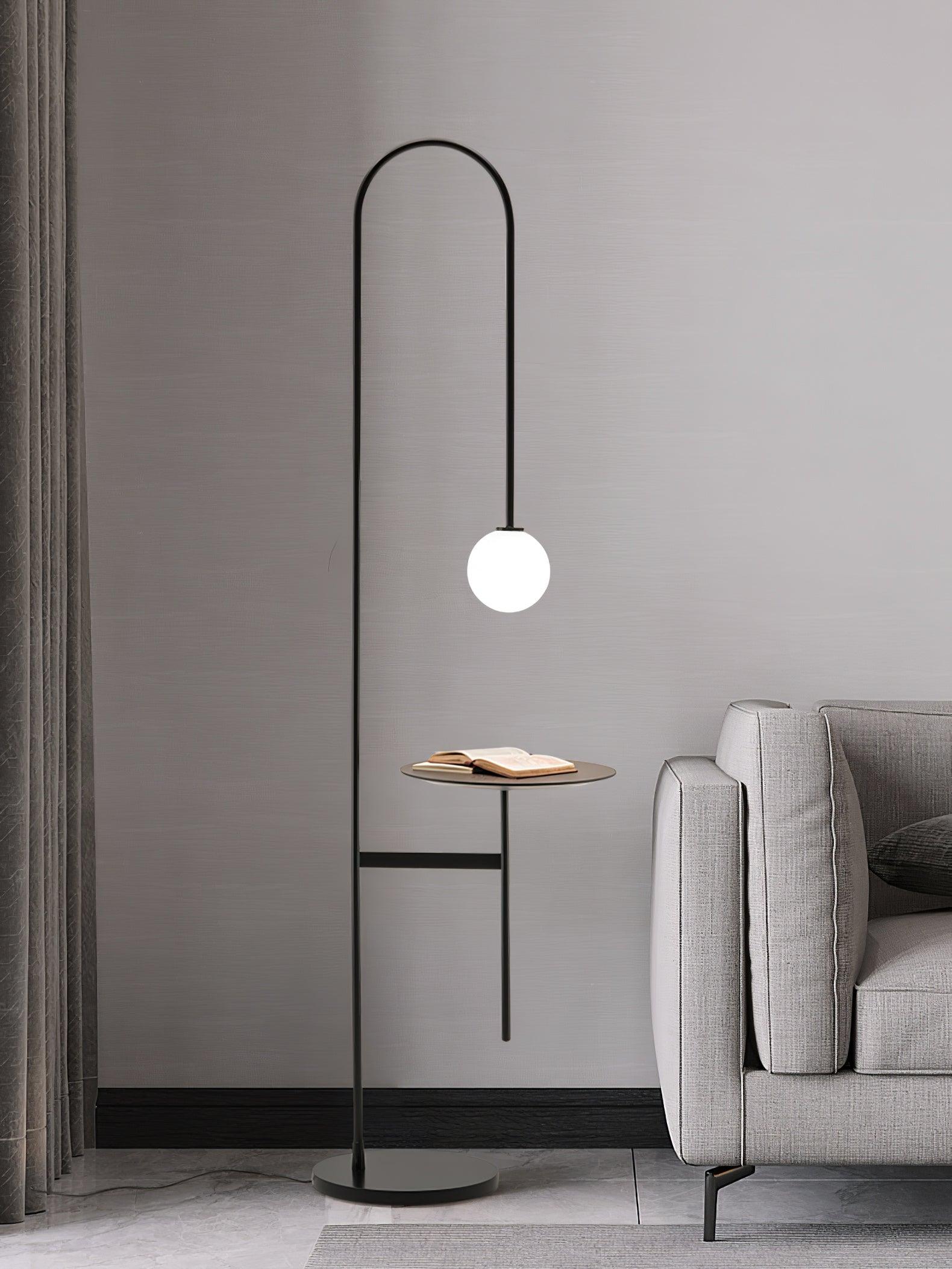Vanni Contemporary Floor Lamp with Integrated Side Table and White Glass Globe Shade