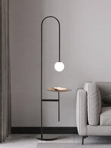 Vanni Contemporary Floor Lamp with Integrated Side Table and White Glass Globe Shade