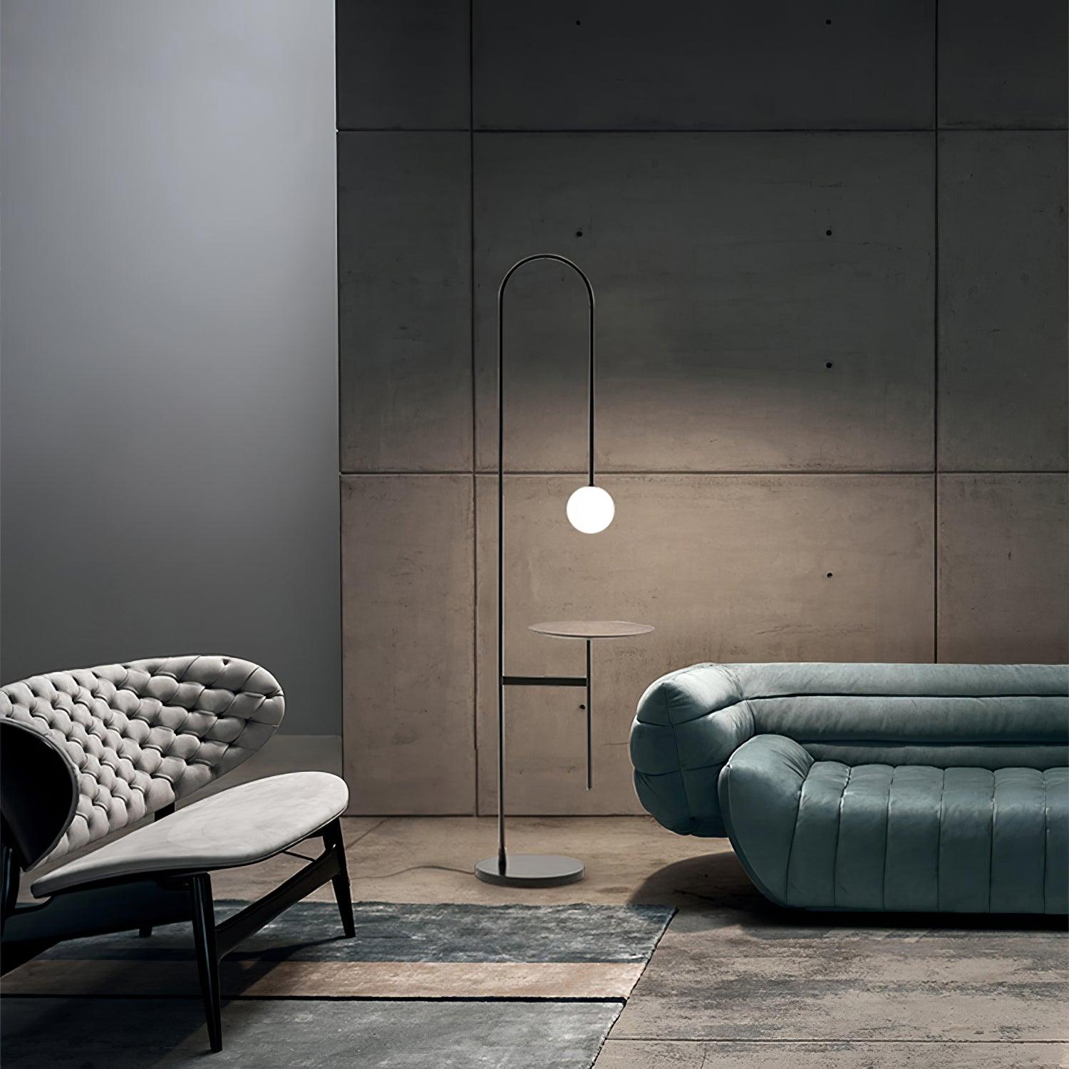 Vanni Contemporary Floor Lamp with Integrated Side Table and White Glass Globe Shade