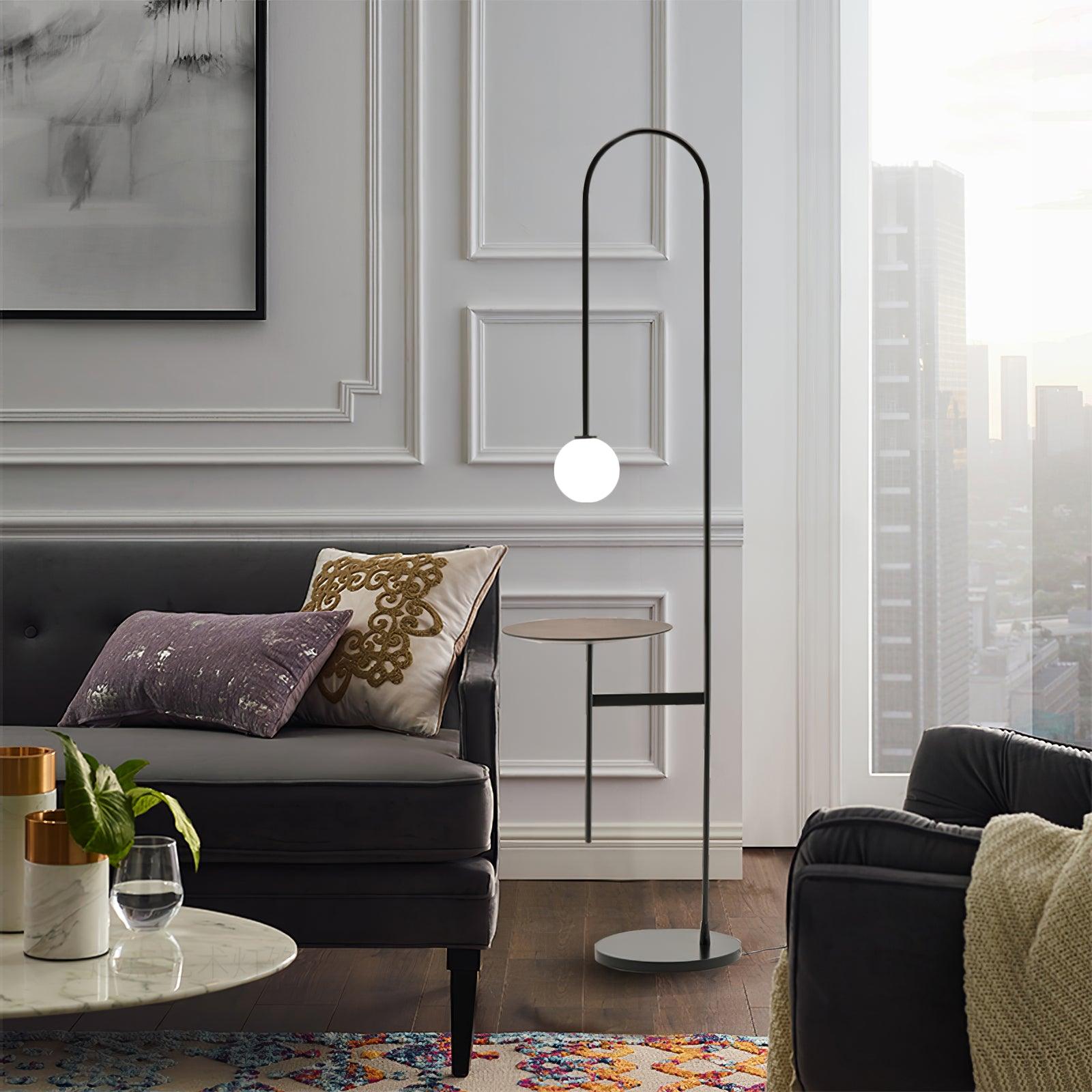 Vanni Contemporary Floor Lamp with Integrated Side Table and White Glass Globe Shade