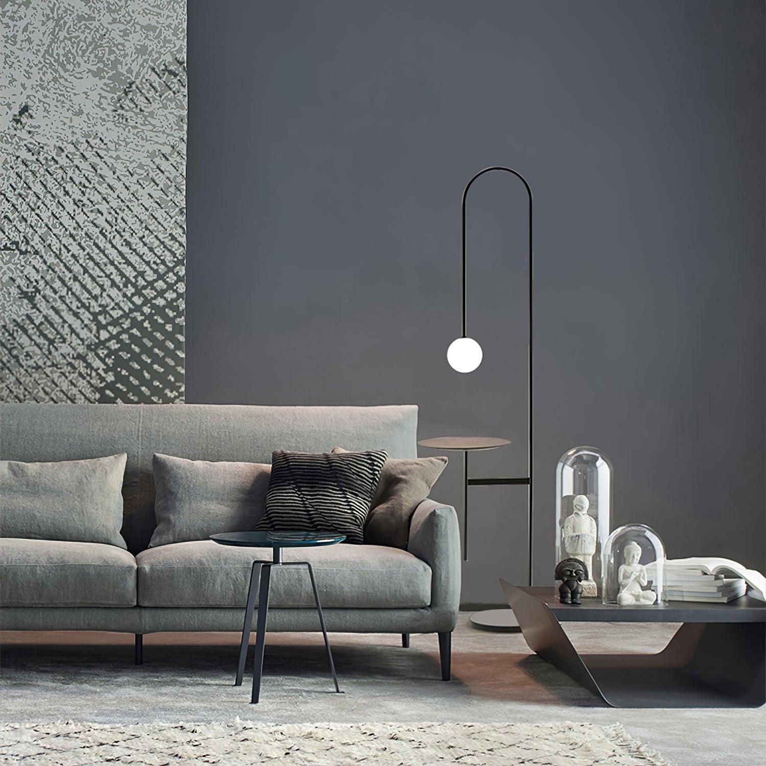 Vanni Contemporary Floor Lamp with Integrated Side Table and White Glass Globe Shade