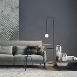 Vanni Contemporary Floor Lamp with Integrated Side Table and White Glass Globe Shade