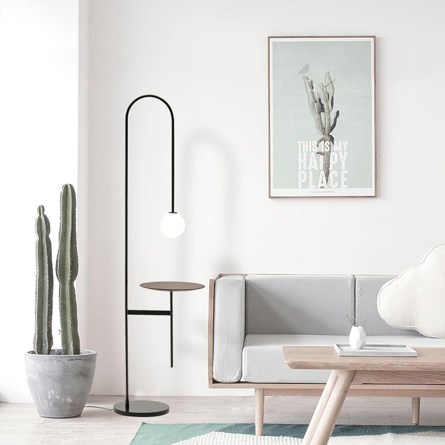 Vanni Contemporary Floor Lamp with Integrated Side Table and White Glass Globe Shade
