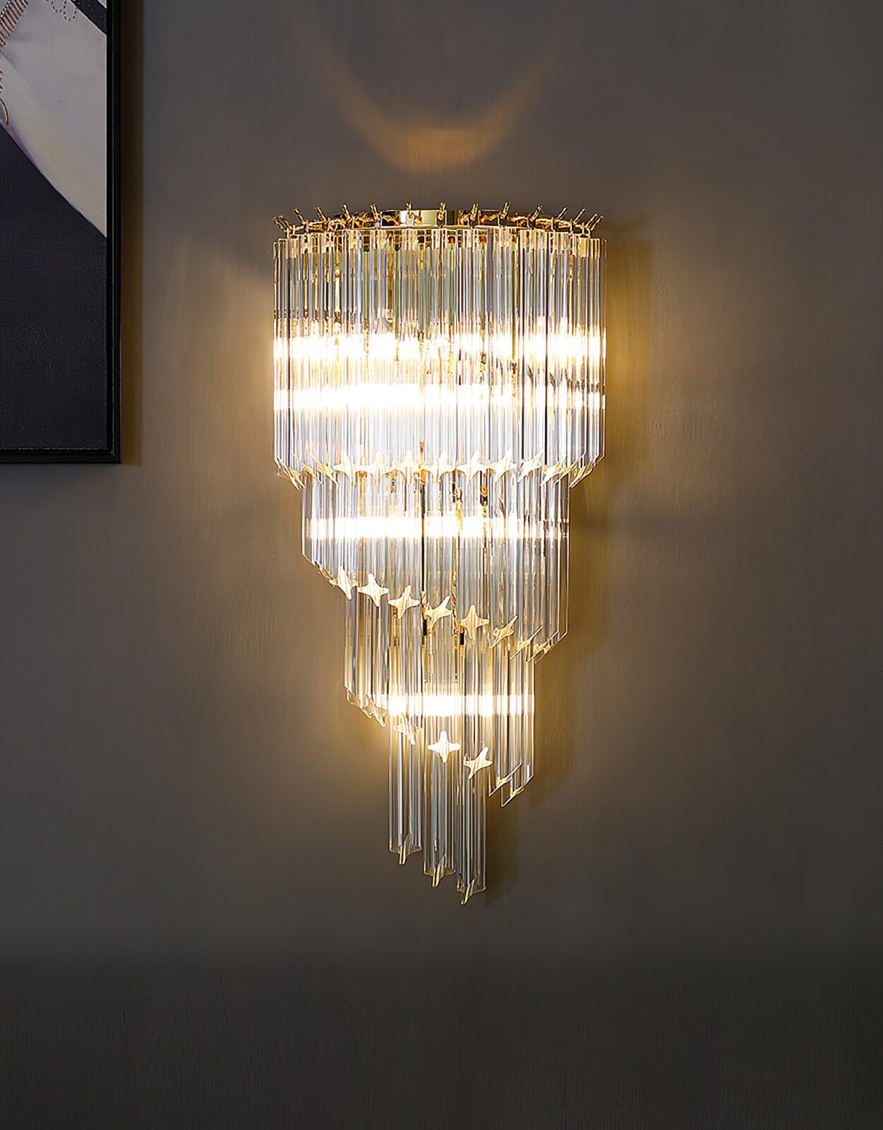 elegant-venetian-glass-rod-wall-light-gold-tapered-crystal-sconce