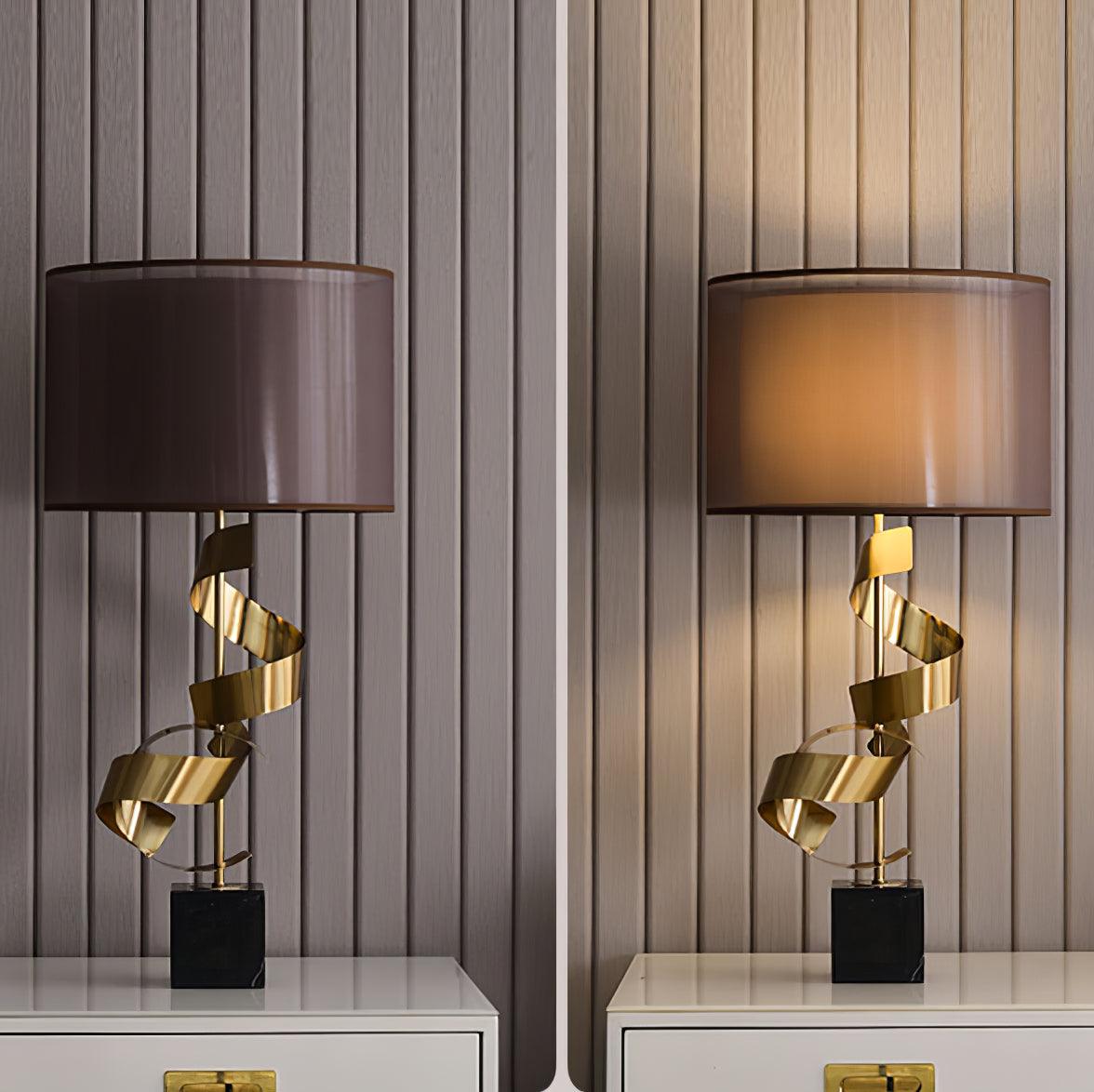 Modern Sculptural Spiral Metal Table Lamp with Gold Leaf Finish and Black Marble Base for Living Room