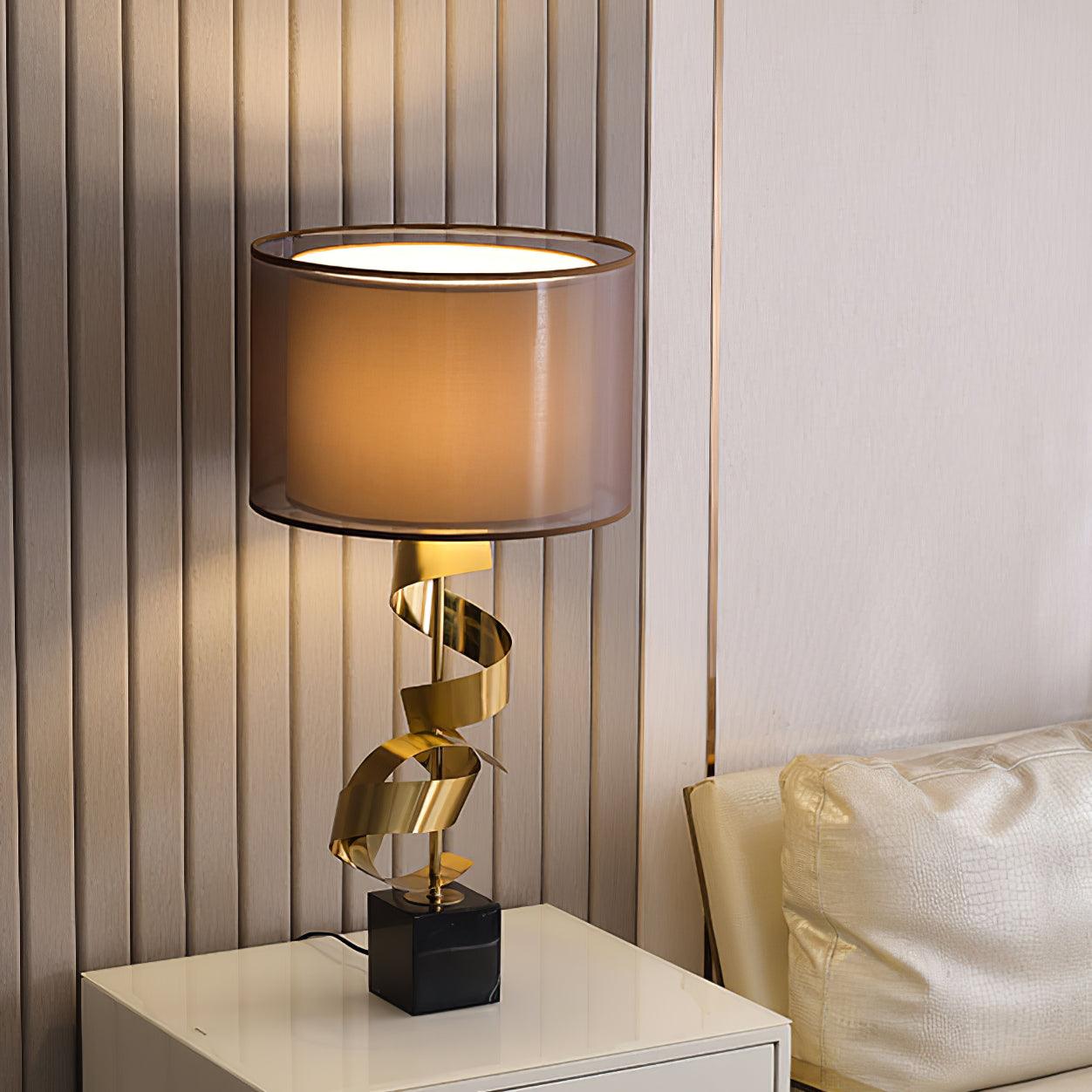 Modern Sculptural Spiral Metal Table Lamp with Gold Leaf Finish and Black Marble Base for Living Room
