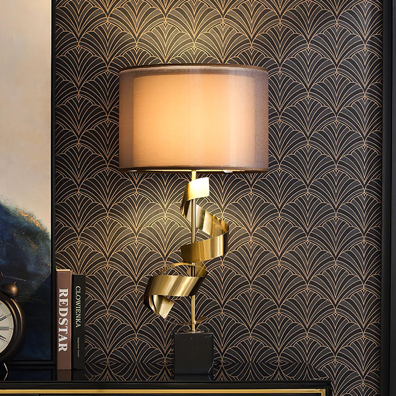 Modern Sculptural Spiral Metal Table Lamp with Gold Leaf Finish and Black Marble Base for Living Room