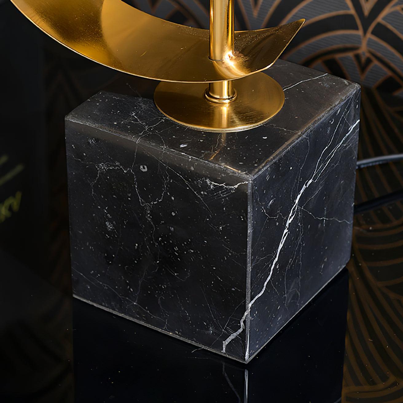 Modern Sculptural Spiral Metal Table Lamp with Gold Leaf Finish and Black Marble Base for Living Room