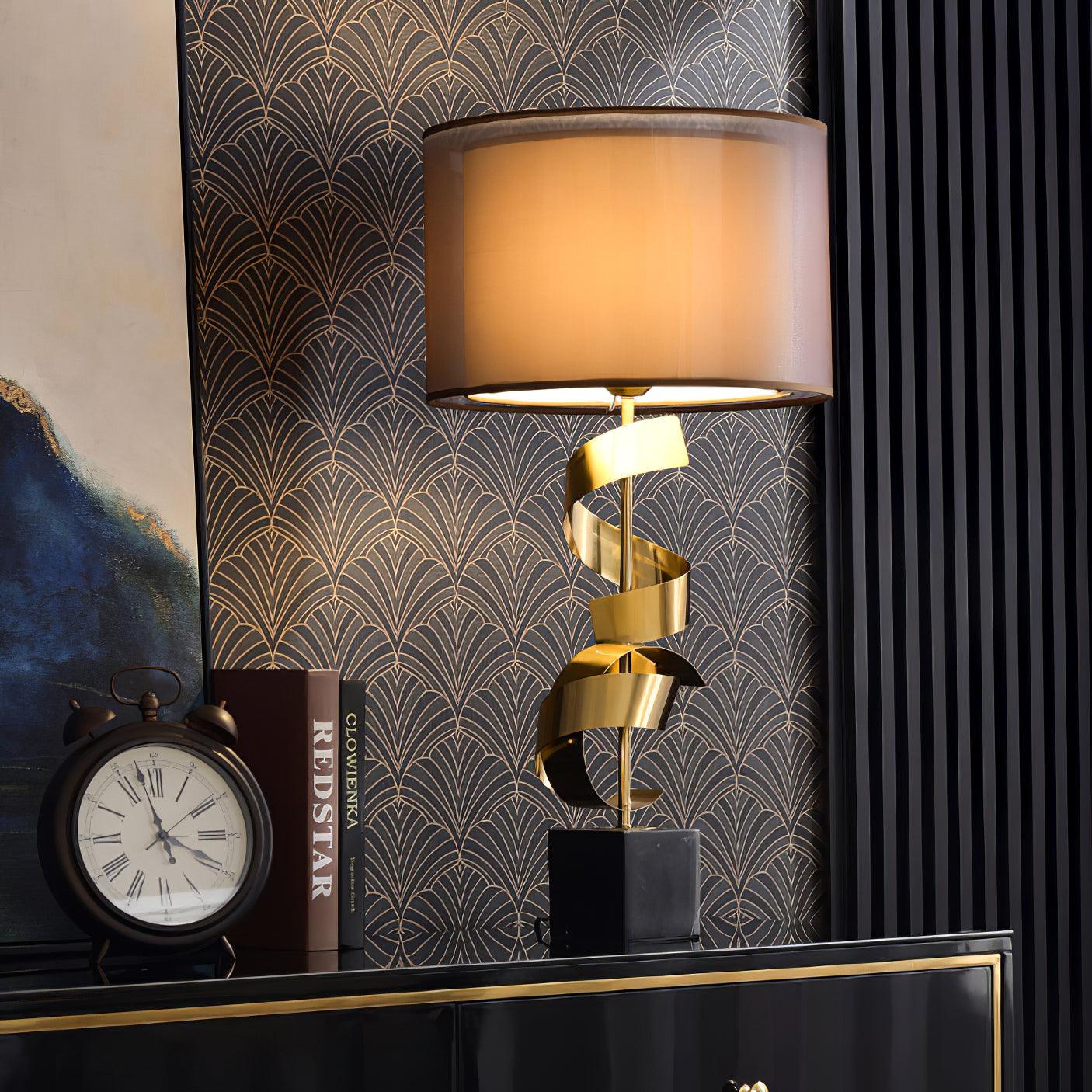 Modern Sculptural Spiral Metal Table Lamp with Gold Leaf Finish and Black Marble Base for Living Room