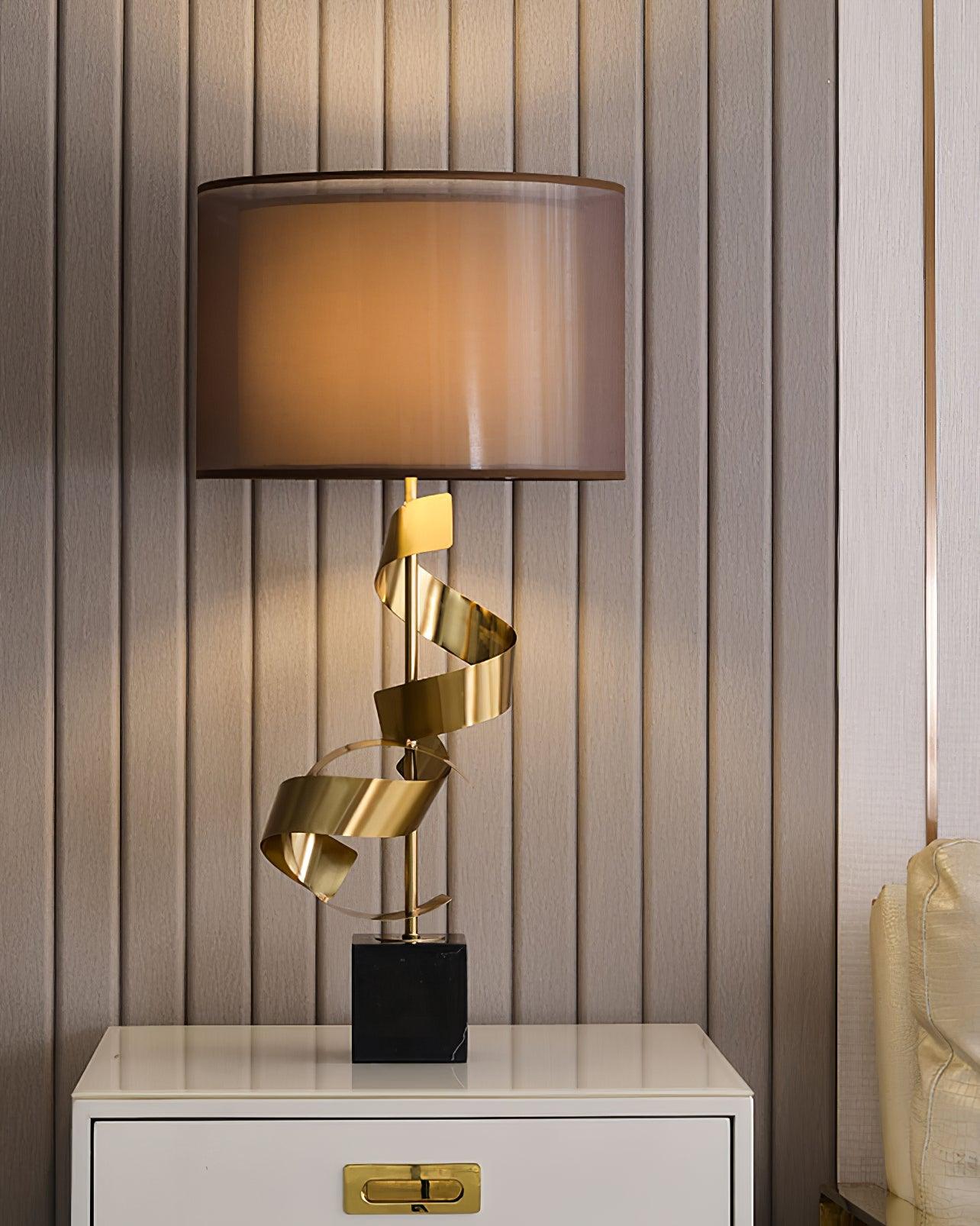 Modern Sculptural Spiral Metal Table Lamp with Gold Leaf Finish and Black Marble Base for Living Room