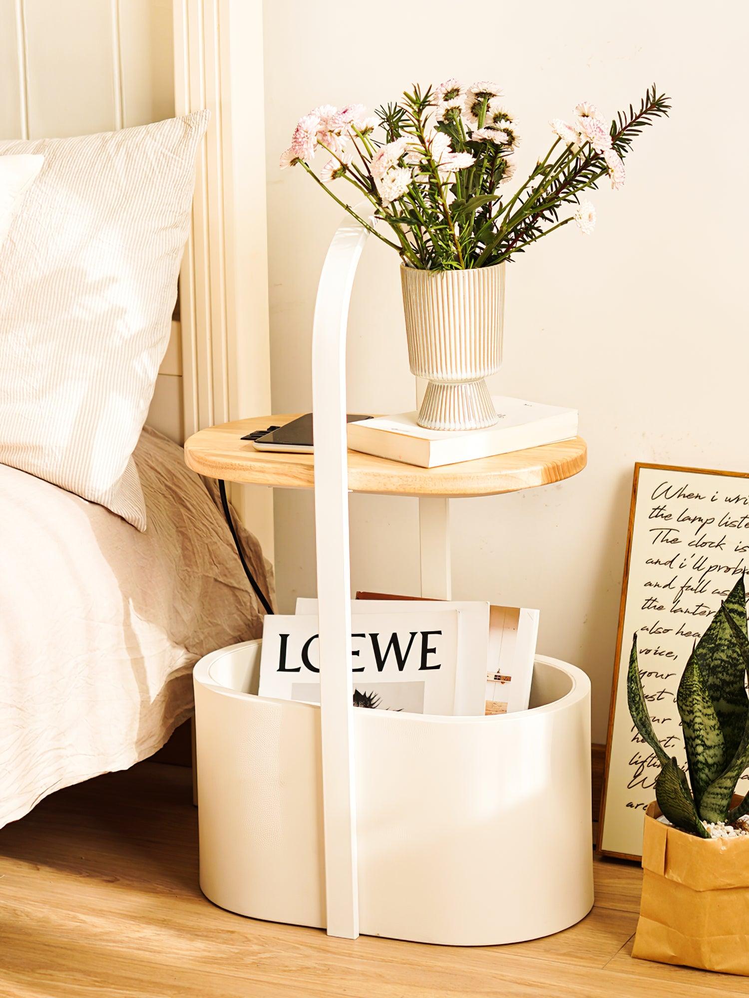 Contemporary Vinda Basket Side Table Lamp with Integrated LED Wood and Metal Design