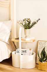 Contemporary Vinda Basket Side Table Lamp with Integrated LED Wood and Metal Design