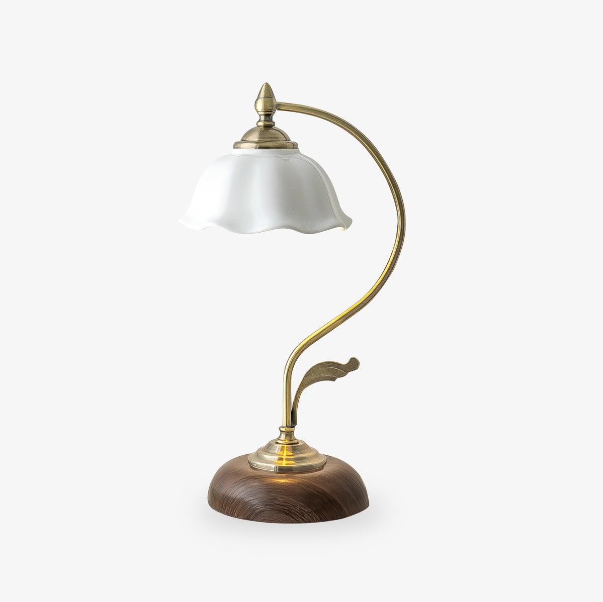 Vintage Brass and Ceramic Floral Desk Lamp with Walnut Accents for Office and Bedroom