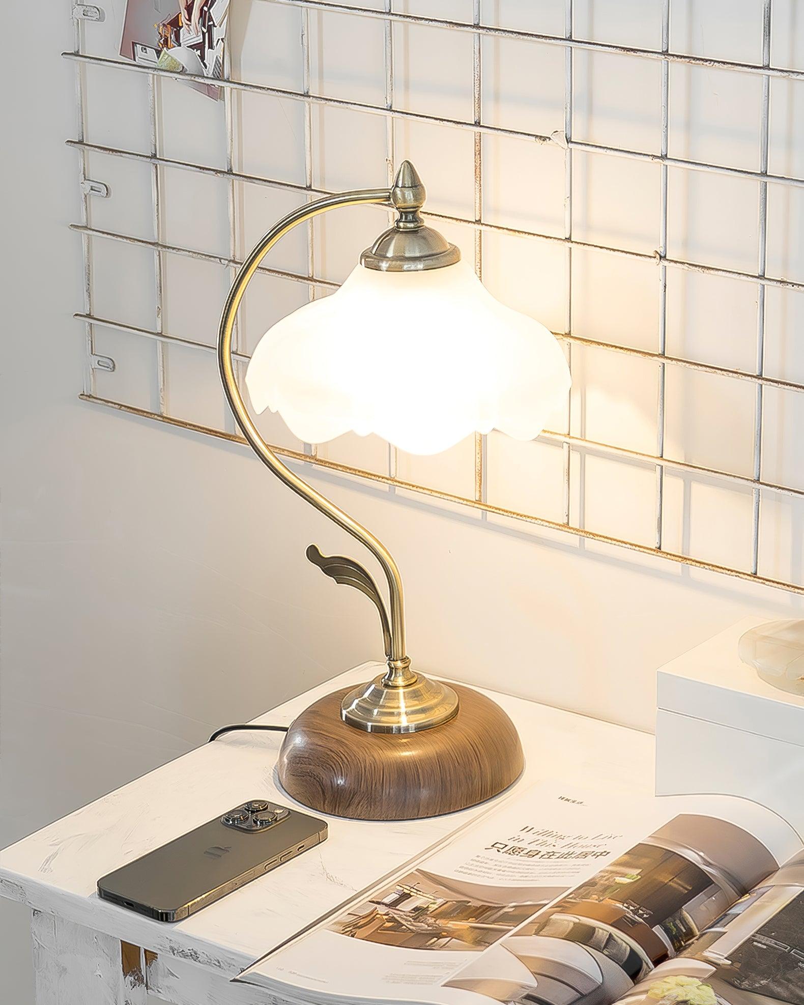Vintage Brass and Ceramic Floral Desk Lamp with Walnut Accents for Office and Bedroom