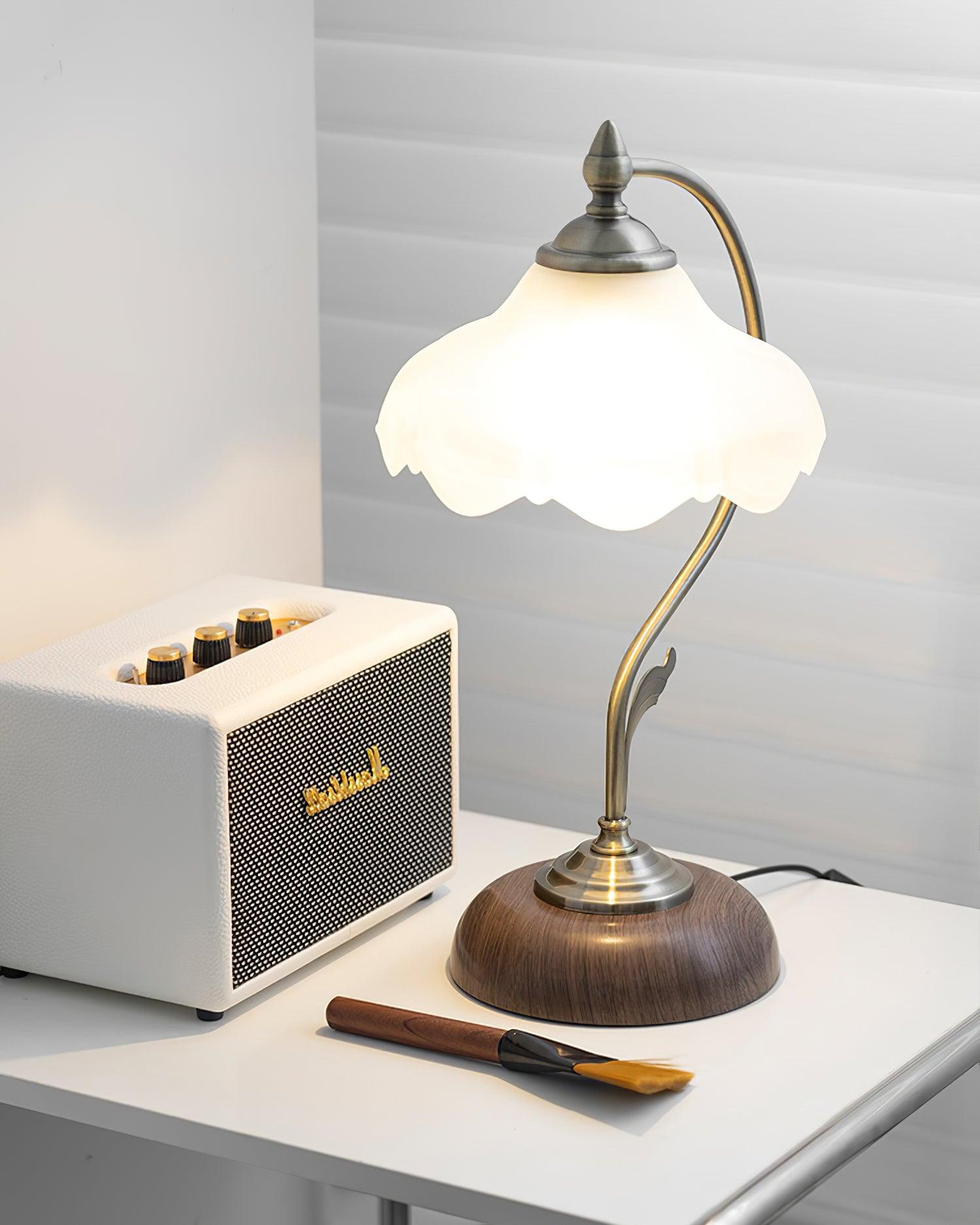 Vintage Brass and Ceramic Floral Desk Lamp with Walnut Accents for Office and Bedroom