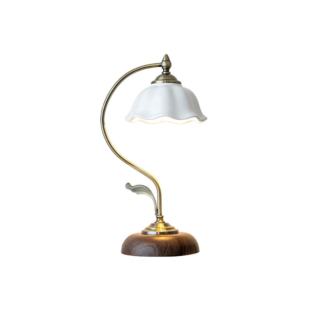 Vintage Brass and Ceramic Floral Desk Lamp with Walnut Accents for Office and Bedroom