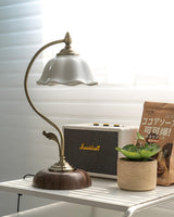 Vintage Brass and Ceramic Floral Desk Lamp with Walnut Accents for Office and Bedroom