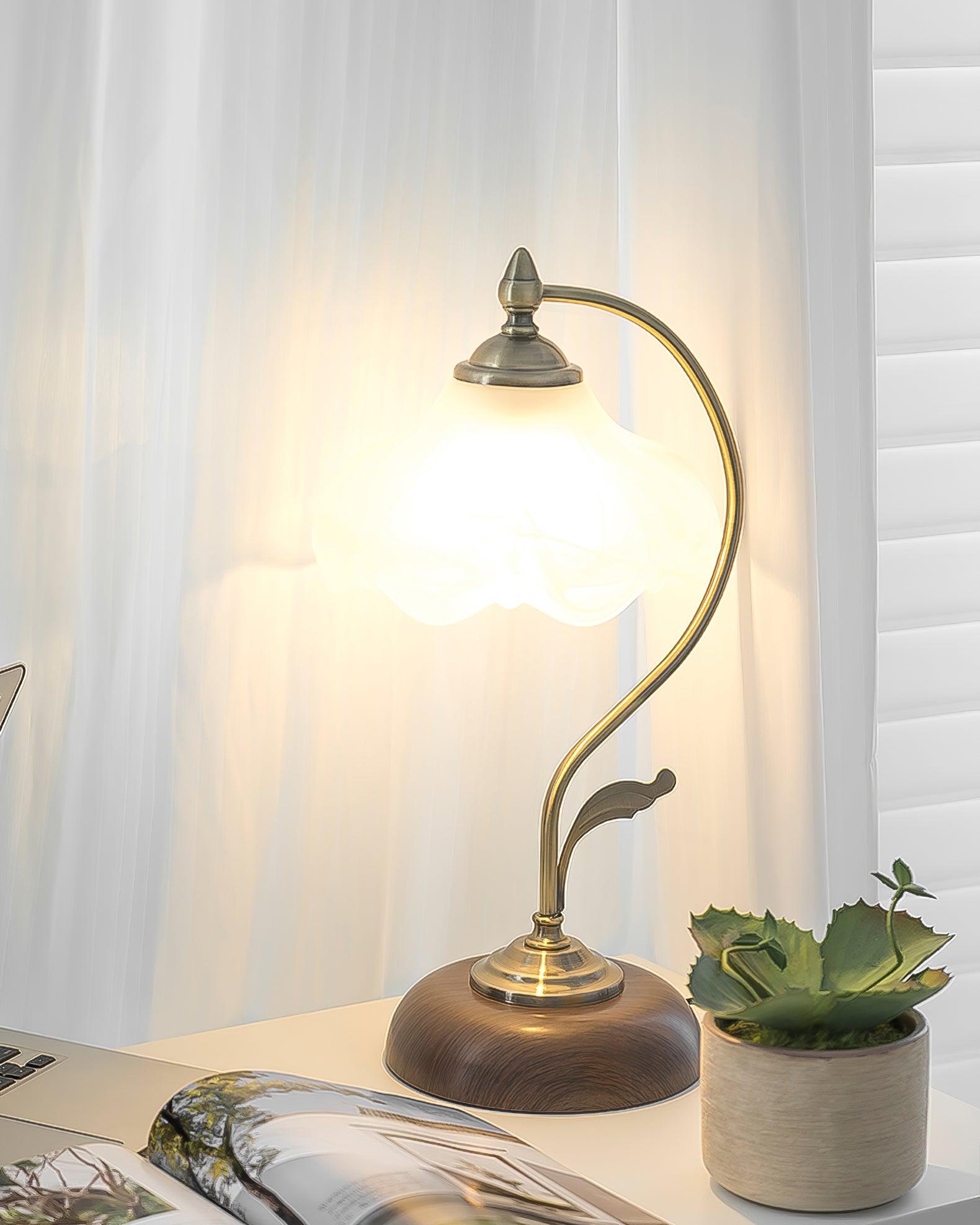 Vintage Brass and Ceramic Floral Desk Lamp with Walnut Accents for Office and Bedroom