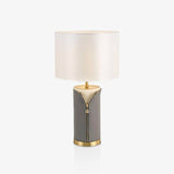 Vintage Gray Leather Accent Table Lamp with Slotted Gold Neck and White Fabric Shade
