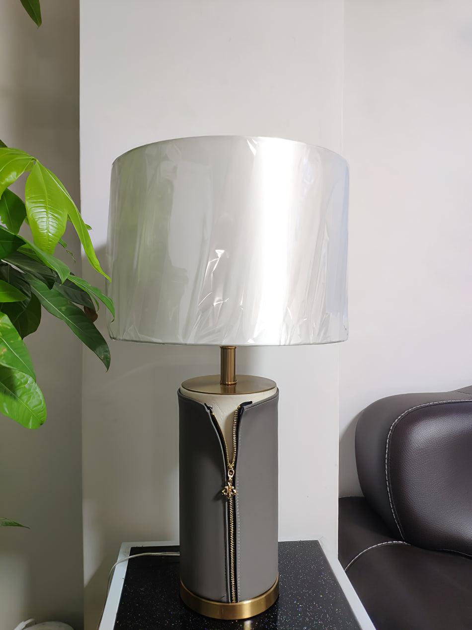 Vintage Gray Leather Accent Table Lamp with Slotted Gold Neck and White Fabric Shade