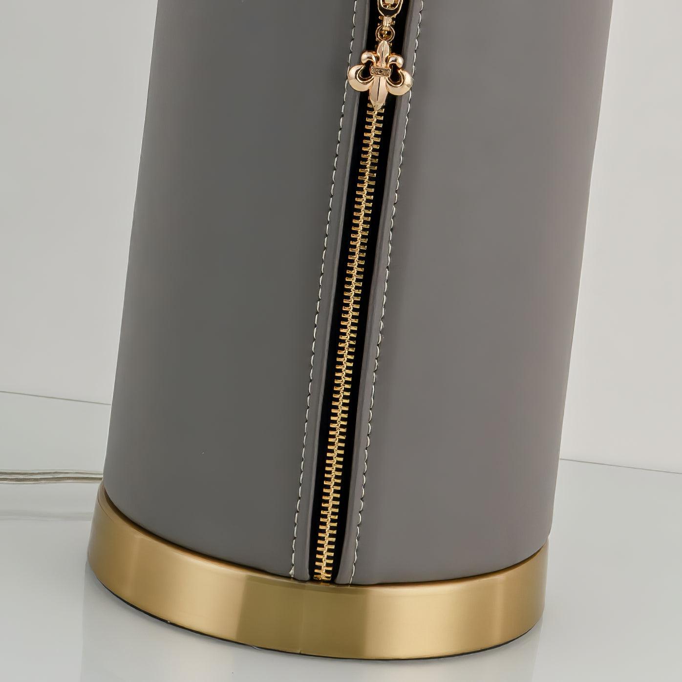 Vintage Gray Leather Accent Table Lamp with Slotted Gold Neck and White Fabric Shade