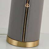 Vintage Gray Leather Accent Table Lamp with Slotted Gold Neck and White Fabric Shade