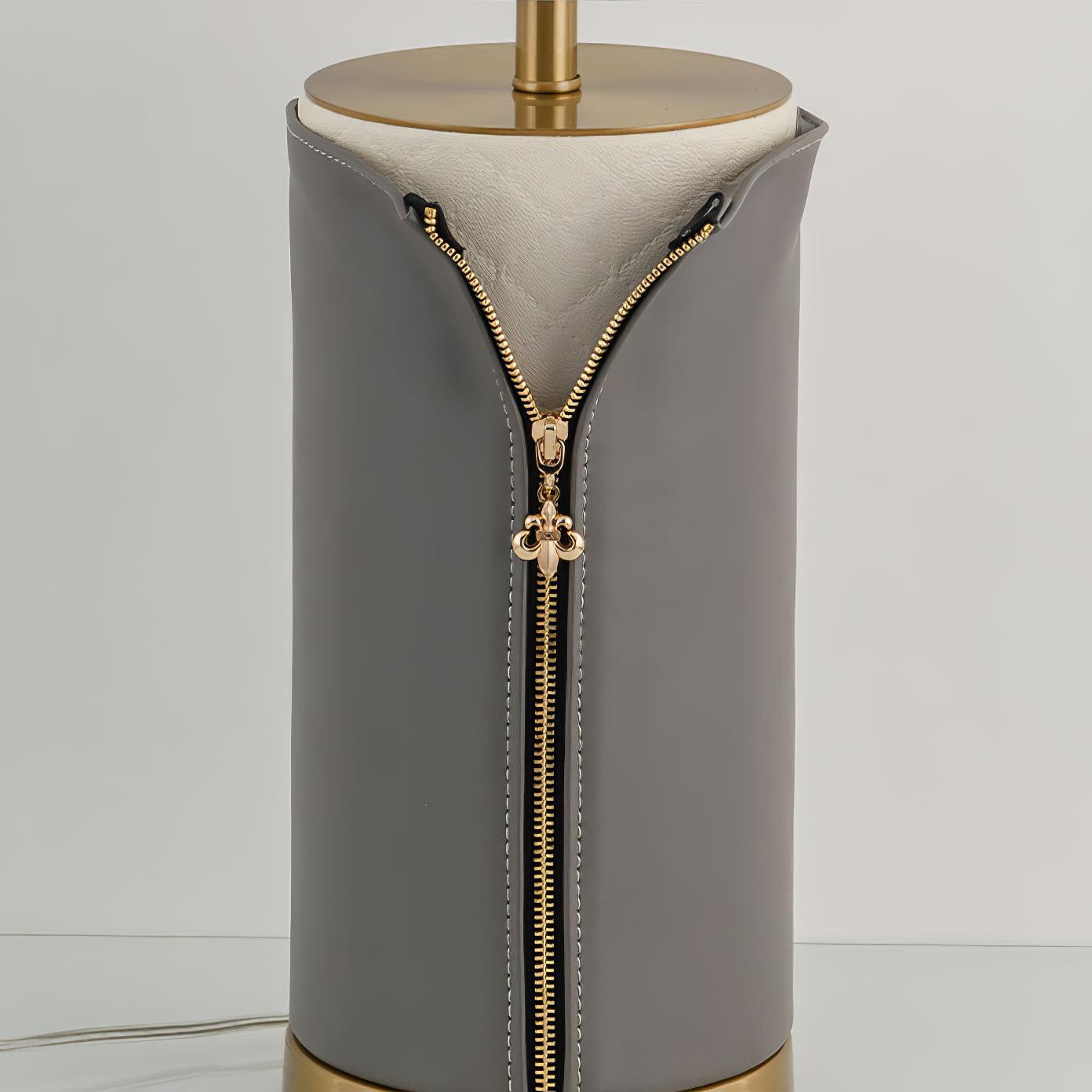 Vintage Gray Leather Accent Table Lamp with Slotted Gold Neck and White Fabric Shade