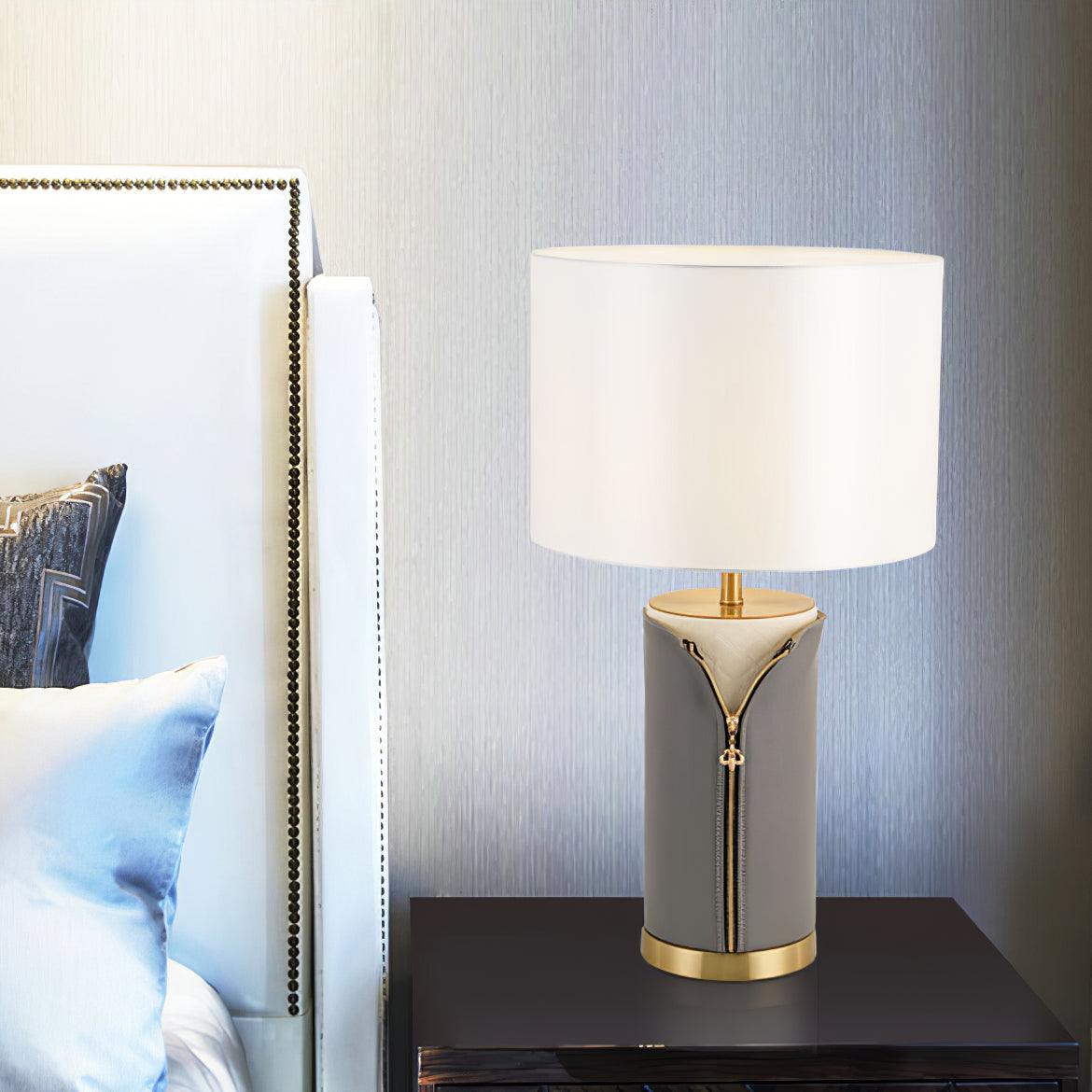 Vintage Gray Leather Accent Table Lamp with Slotted Gold Neck and White Fabric Shade