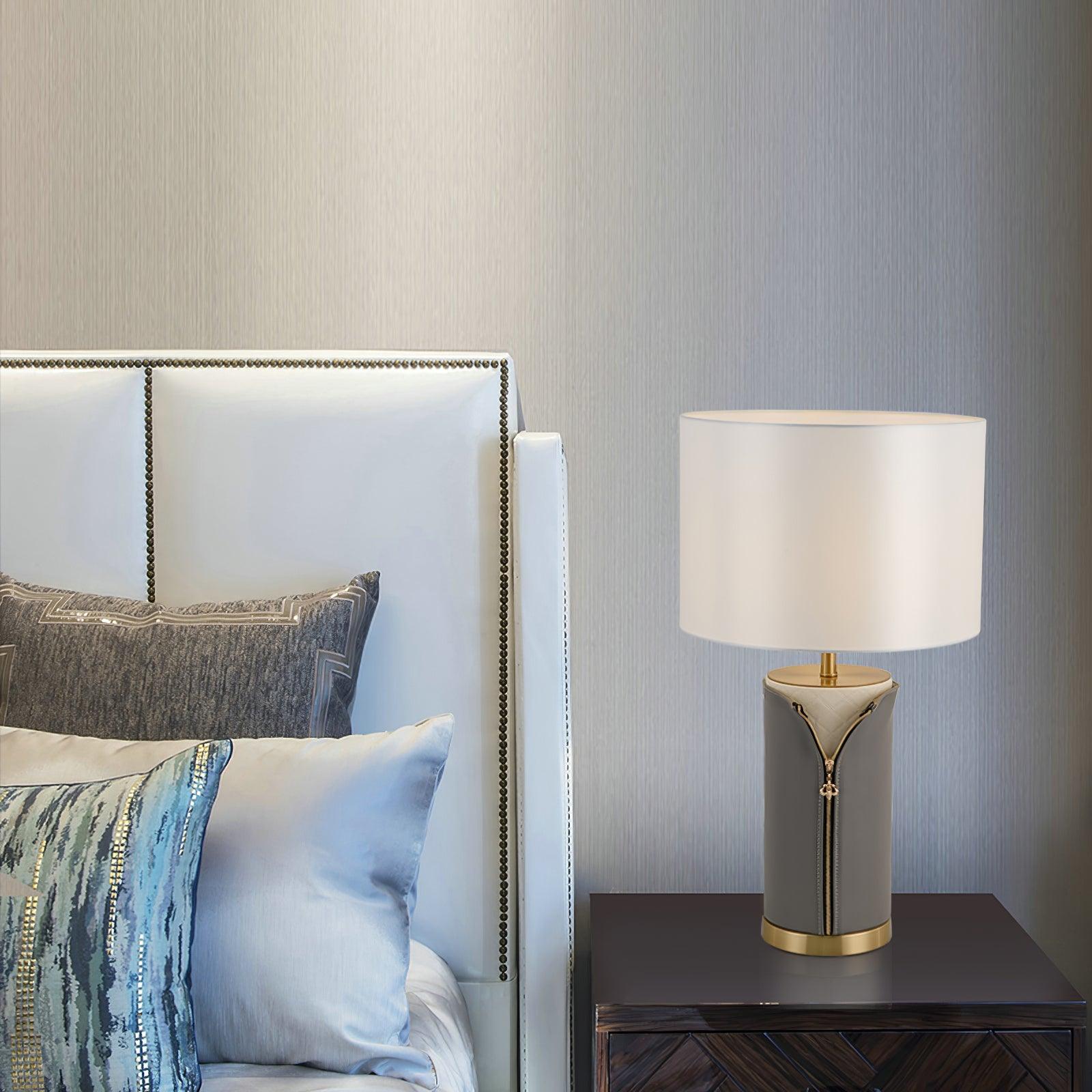 Vintage Gray Leather Accent Table Lamp with Slotted Gold Neck and White Fabric Shade