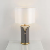Vintage Gray Leather Accent Table Lamp with Slotted Gold Neck and White Fabric Shade