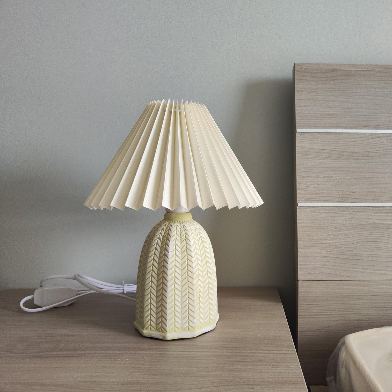 Mid Century Modern Pleated Ceramic Table Lamp with Fabric Shade for Bedroom Decor