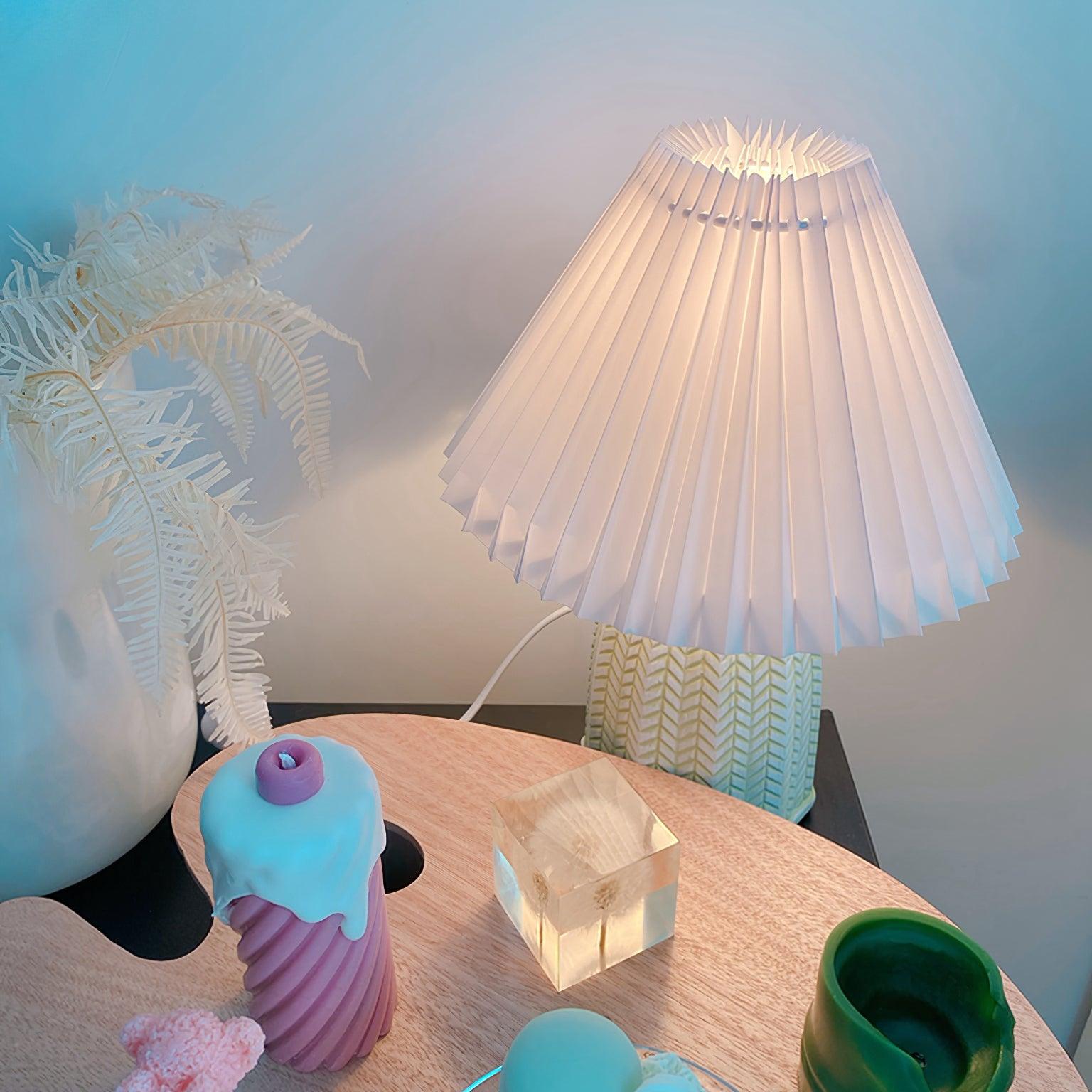 Mid Century Modern Pleated Ceramic Table Lamp with Fabric Shade for Bedroom Decor