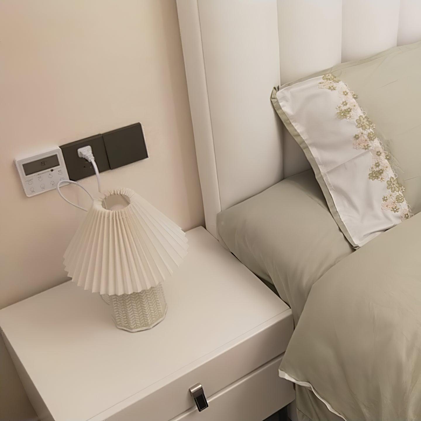 Mid Century Modern Pleated Ceramic Table Lamp with Fabric Shade for Bedroom Decor