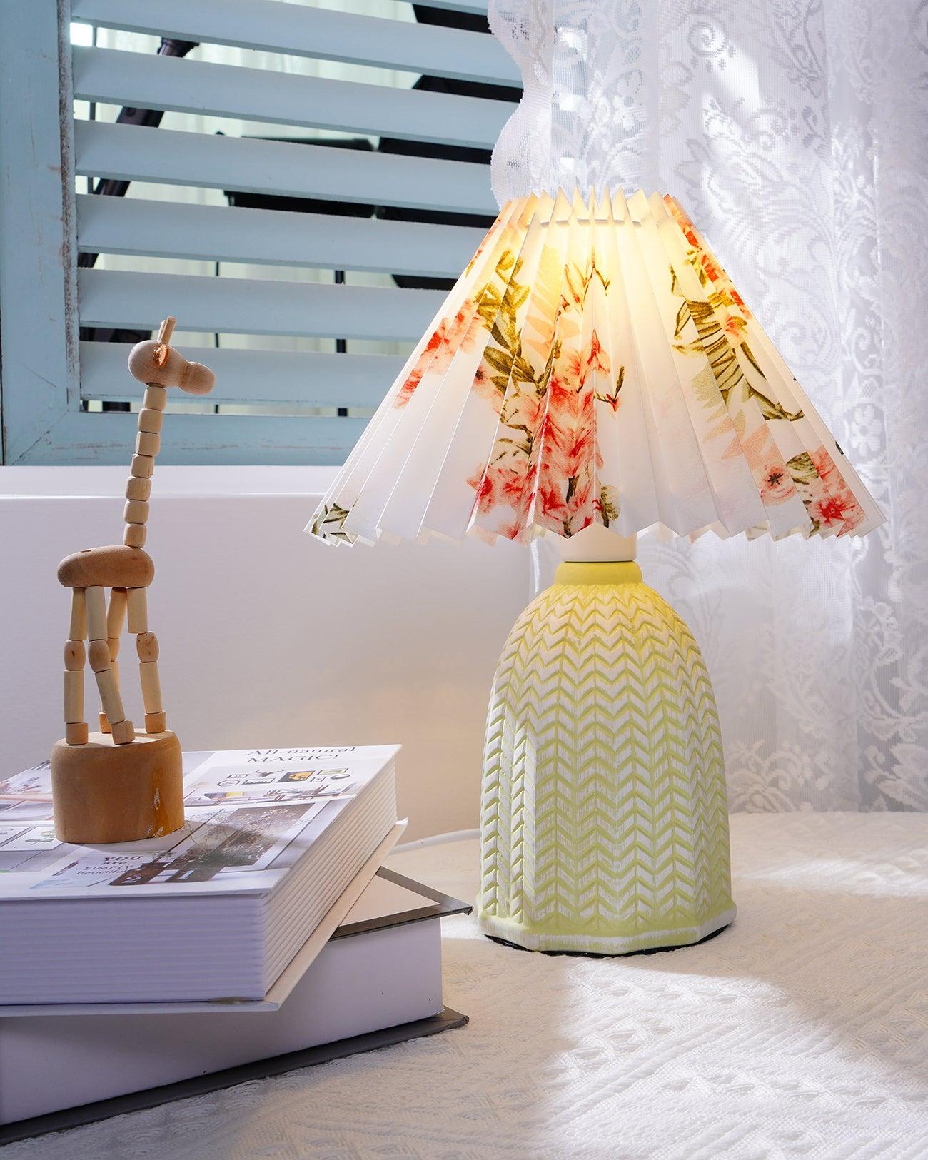 Mid Century Modern Pleated Ceramic Table Lamp with Fabric Shade for Bedroom Decor