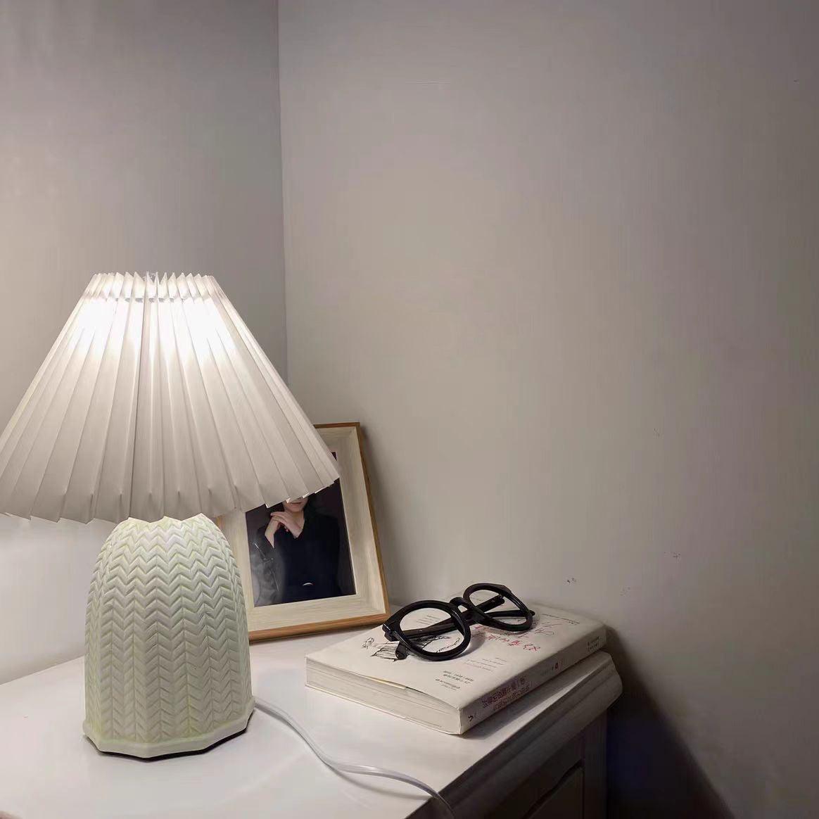 Mid Century Modern Pleated Ceramic Table Lamp with Fabric Shade for Bedroom Decor