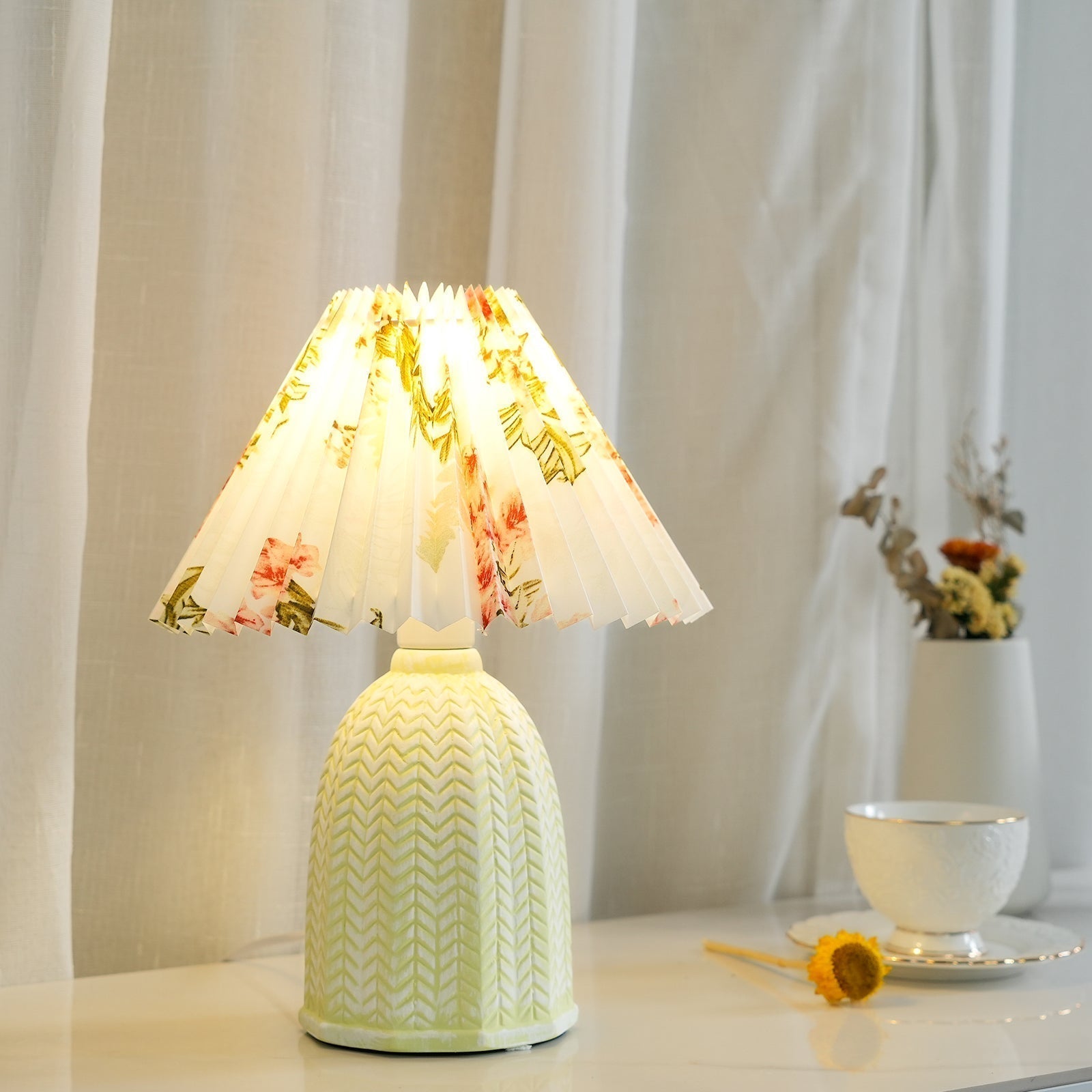 Mid Century Modern Pleated Ceramic Table Lamp with Fabric Shade for Bedroom Decor