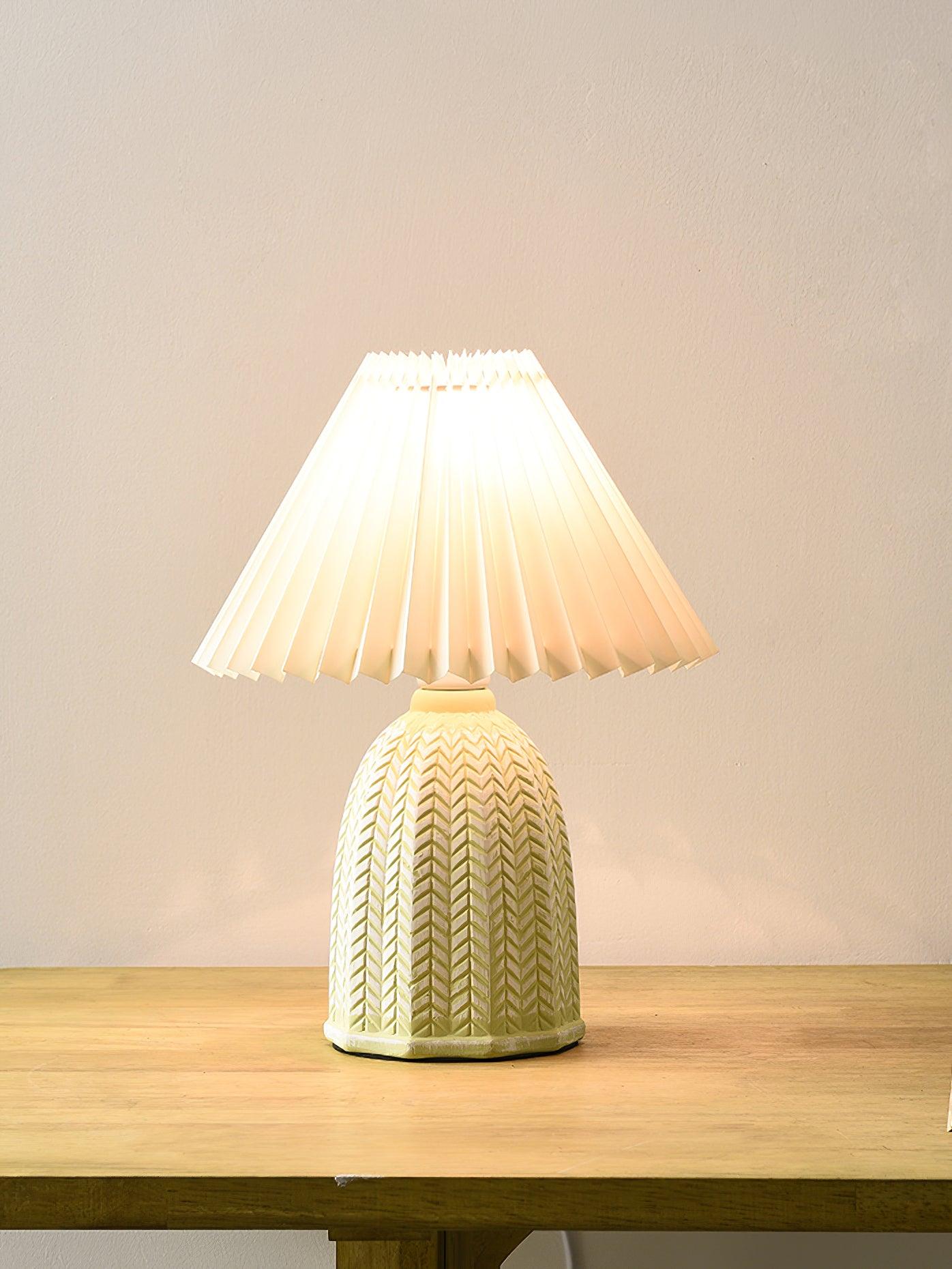 Mid Century Modern Pleated Ceramic Table Lamp with Fabric Shade for Bedroom Decor
