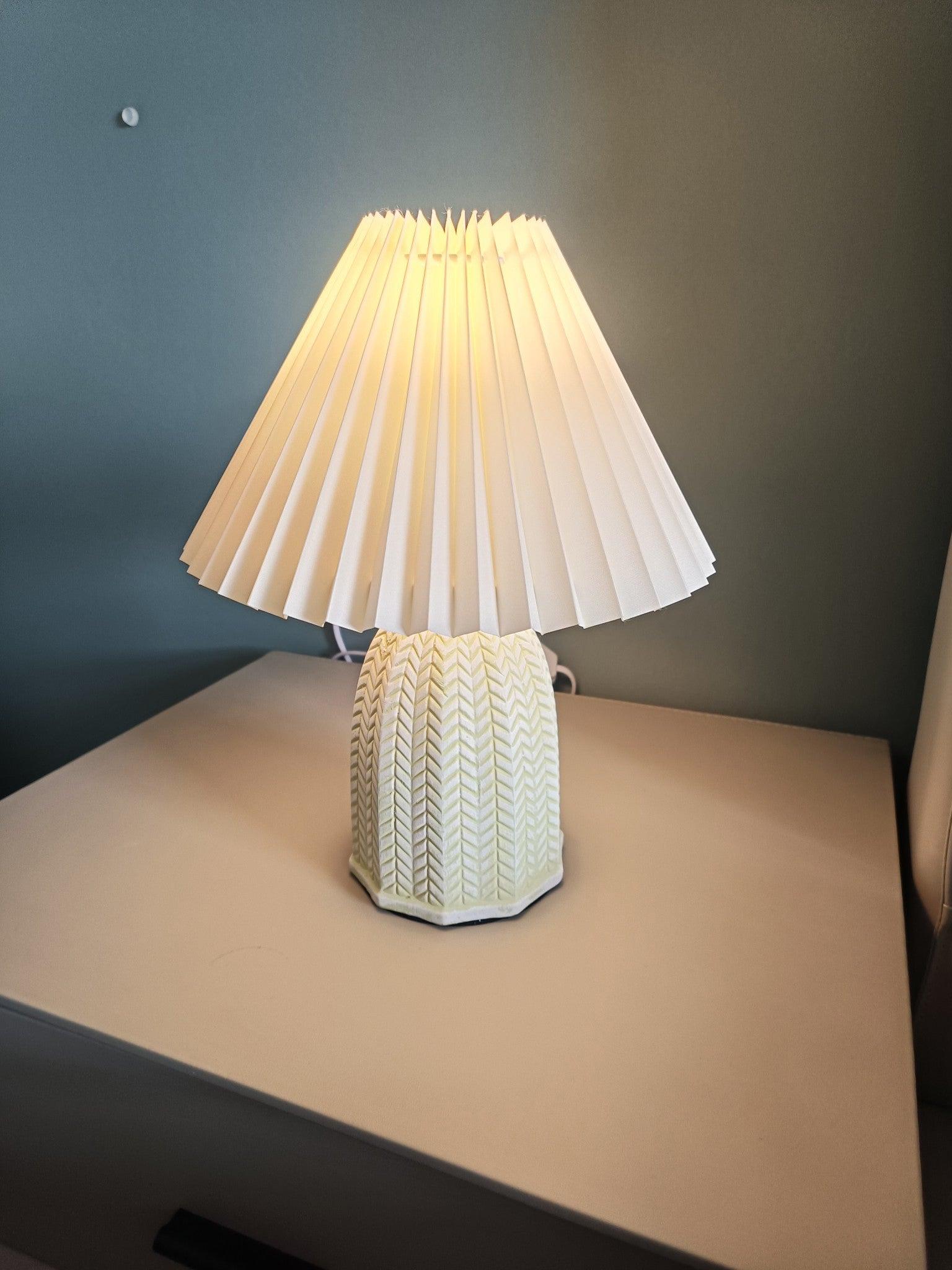 Mid Century Modern Pleated Ceramic Table Lamp with Fabric Shade for Bedroom Decor