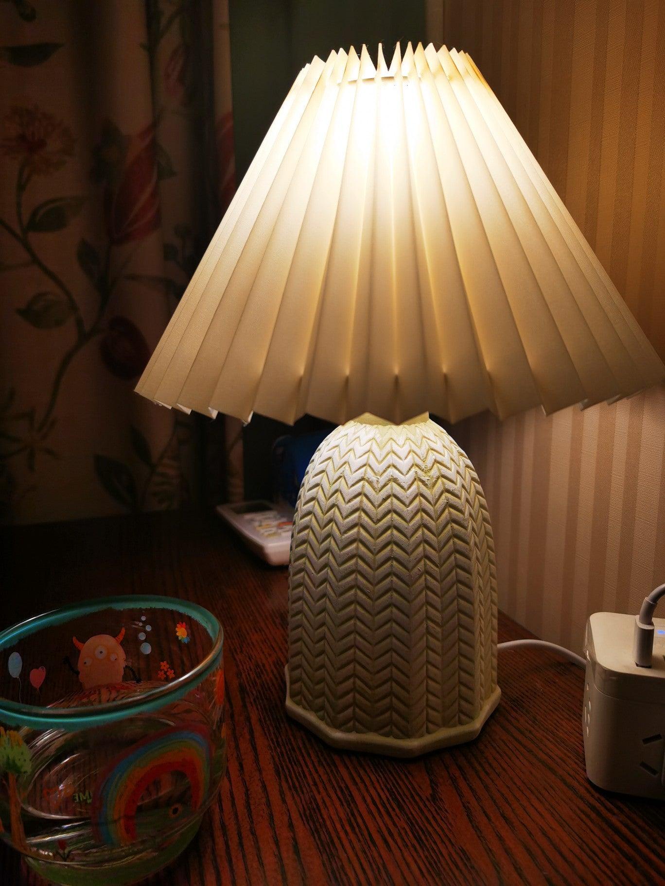 Mid Century Modern Pleated Ceramic Table Lamp with Fabric Shade for Bedroom Decor