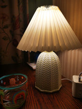 Mid Century Modern Pleated Ceramic Table Lamp with Fabric Shade for Bedroom Decor