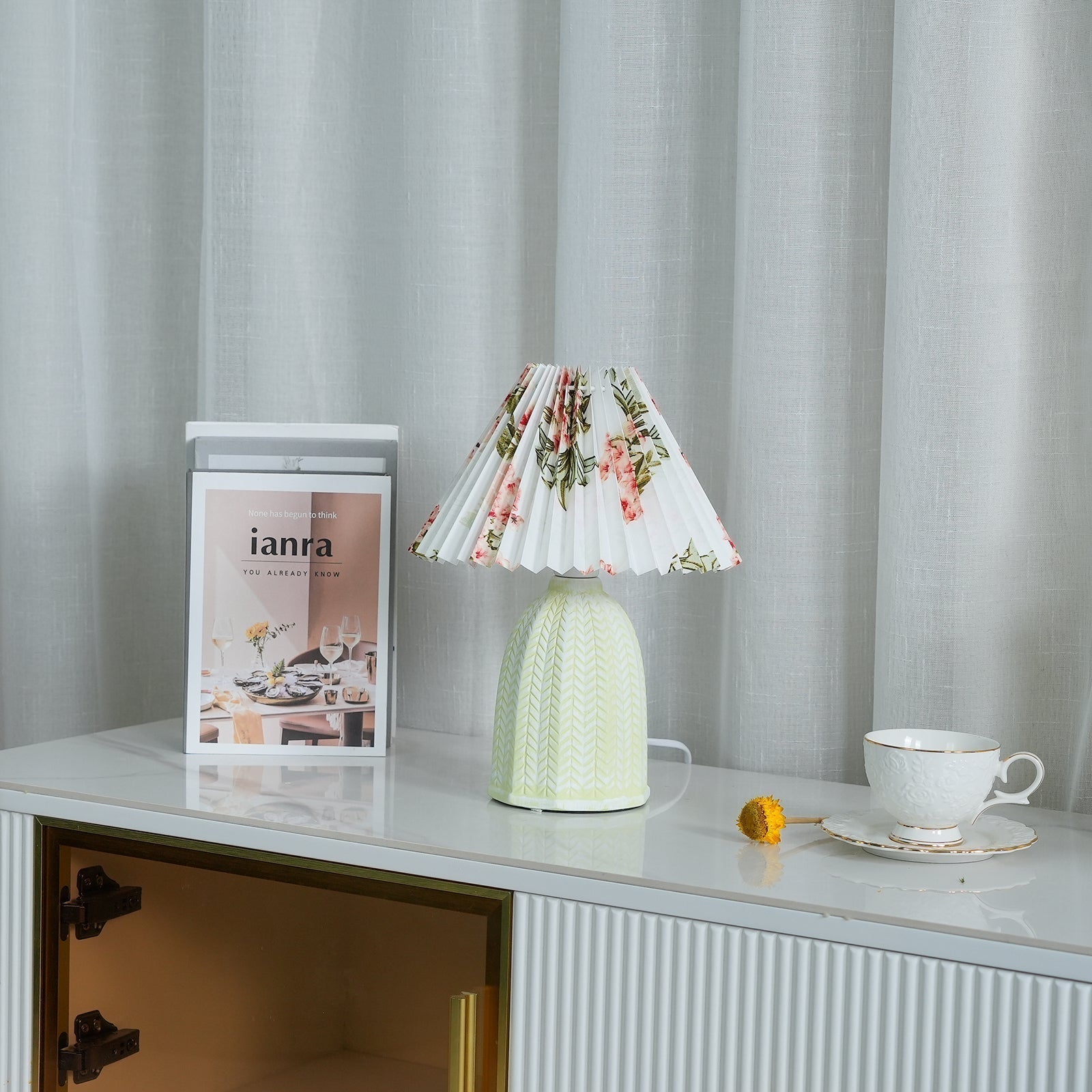 Mid Century Modern Pleated Ceramic Table Lamp with Fabric Shade for Bedroom Decor