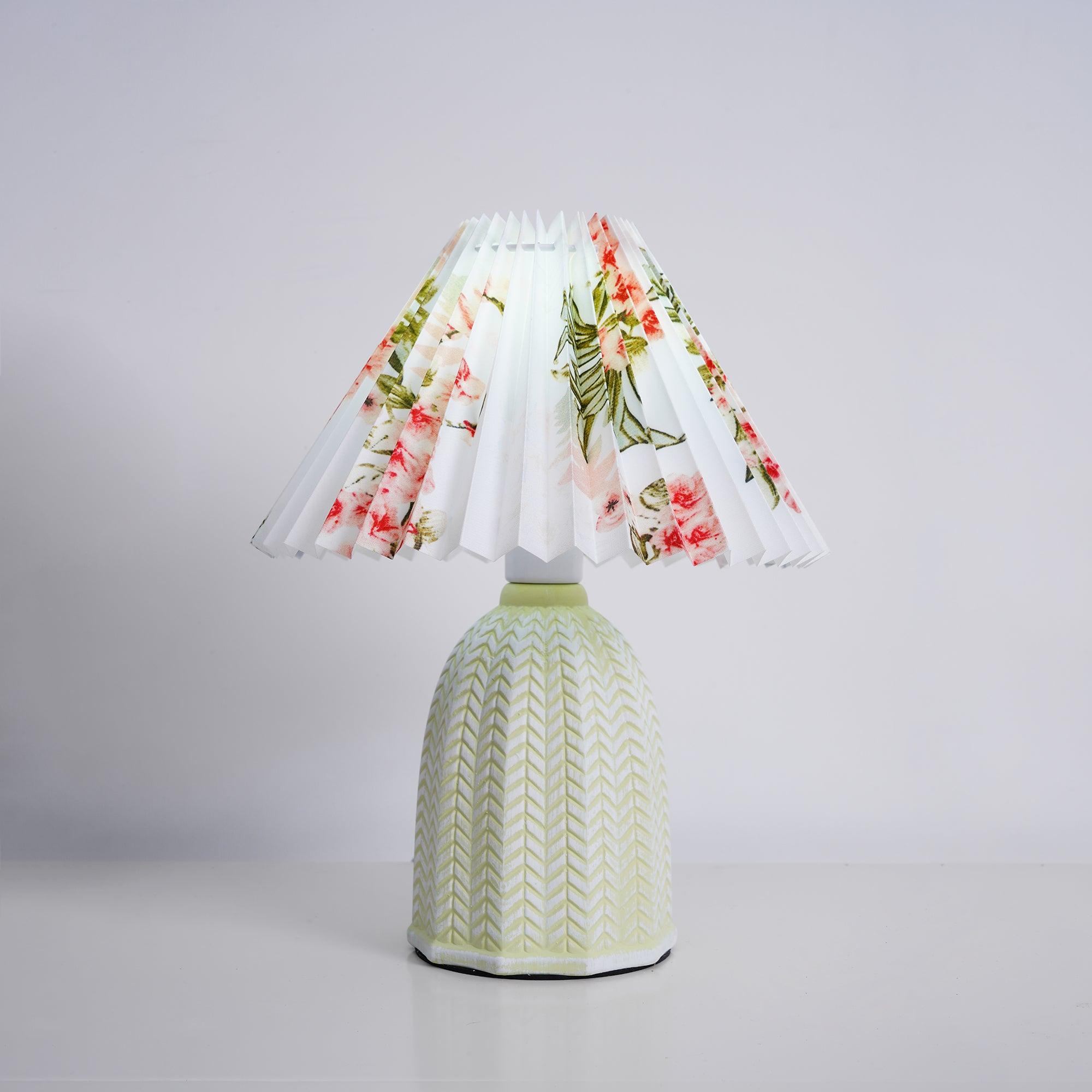 Mid Century Modern Pleated Ceramic Table Lamp with Fabric Shade for Bedroom Decor