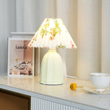 Mid Century Modern Pleated Ceramic Table Lamp with Fabric Shade for Bedroom Decor