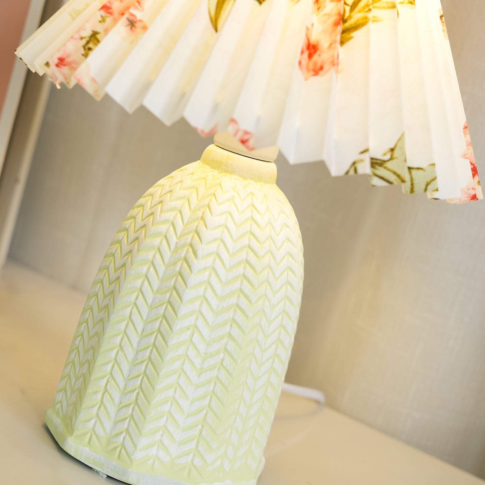 Mid Century Modern Pleated Ceramic Table Lamp with Fabric Shade for Bedroom Decor