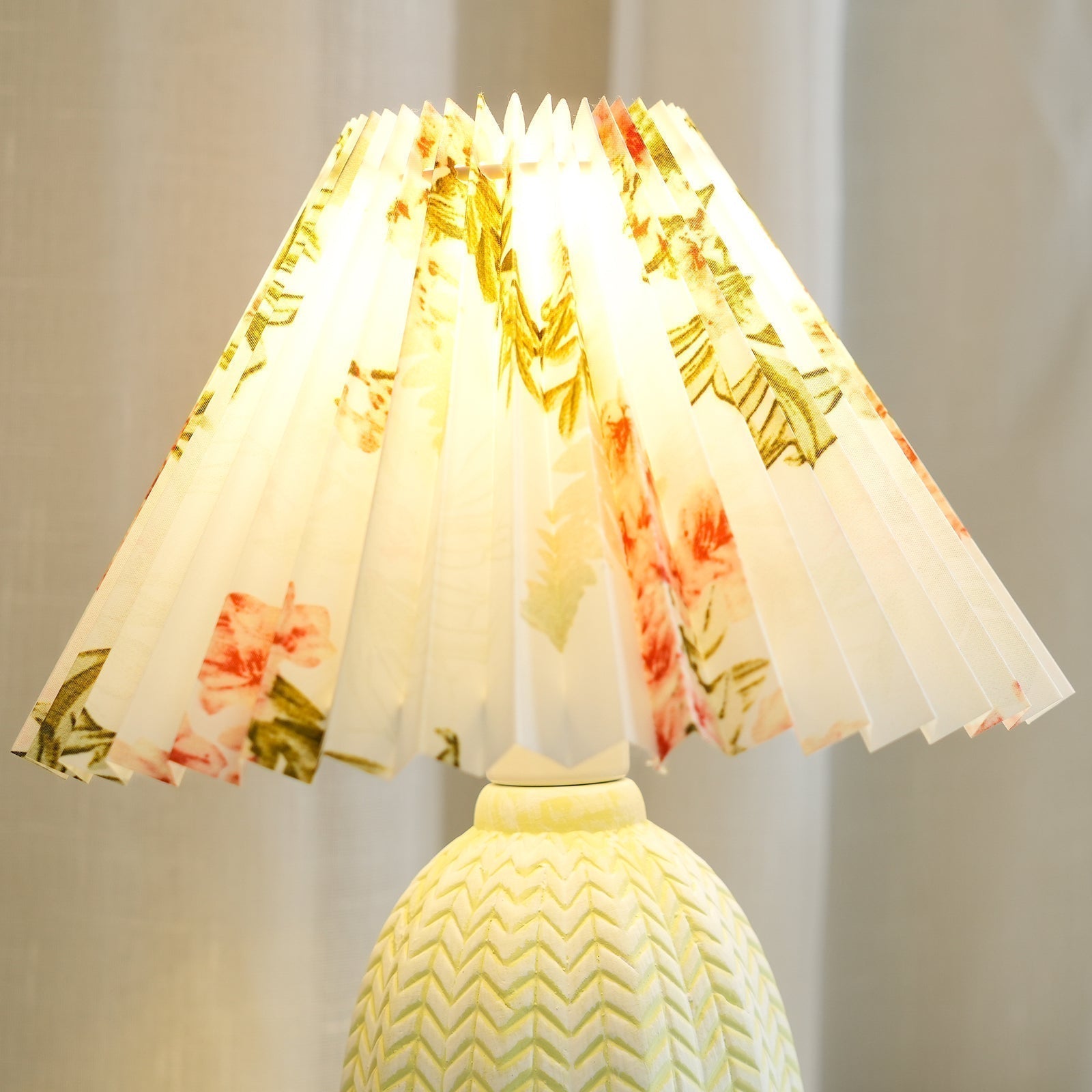 Mid Century Modern Pleated Ceramic Table Lamp with Fabric Shade for Bedroom Decor